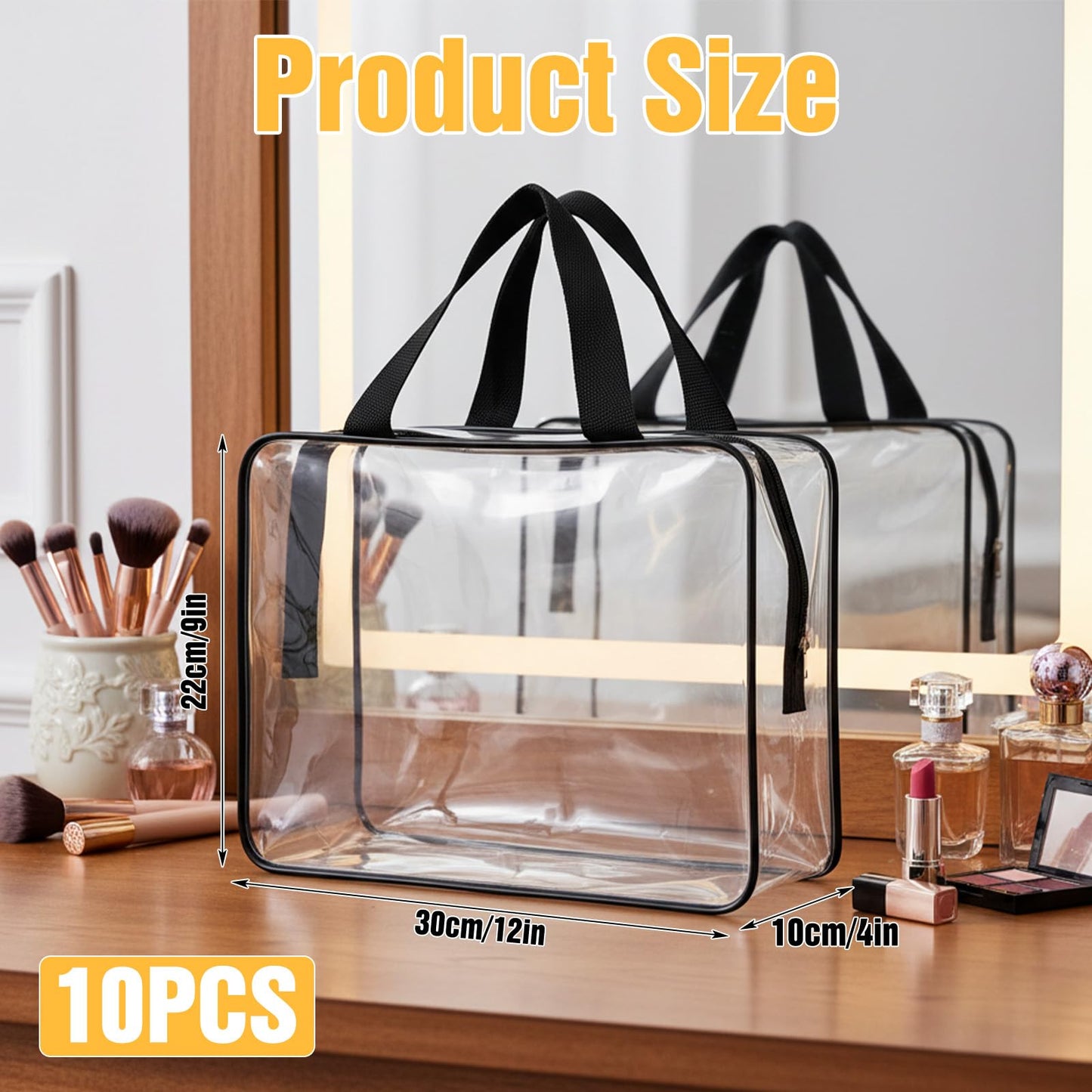 10 Pcs Large Clear PVC Storage Bags with Zipper and Handle, Waterproof Reusable Travel Organizer for Makeup, Toiletries, Toys and Board Games