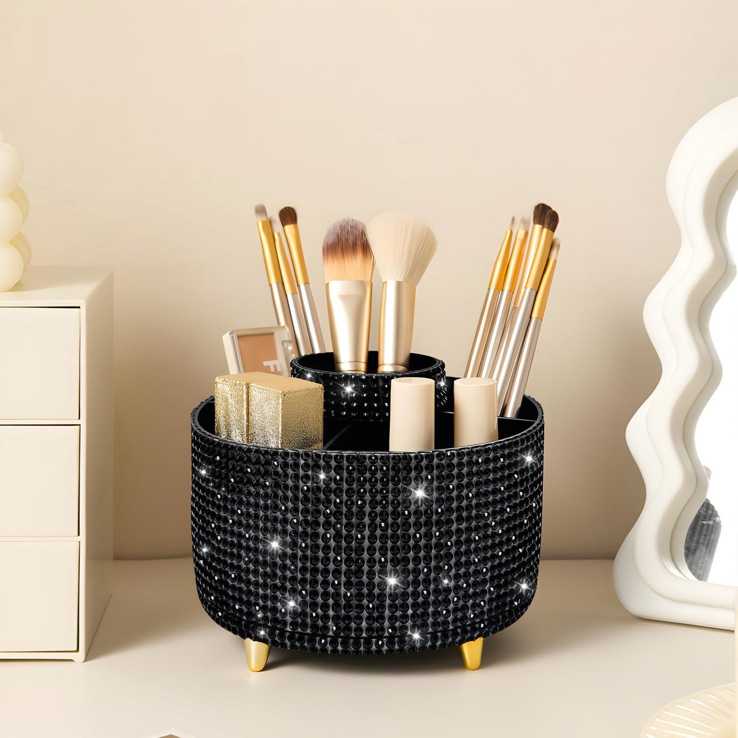 Diesisa Bling Diamond 360° Makeup Brush Holder Organizer, Rotating Makeup Brush Organizer,5 Slot Make up Brushes Cup for Cosmetics, Vanity Desktop Organizer, Gift for Women Teen Girls- Diamond Black