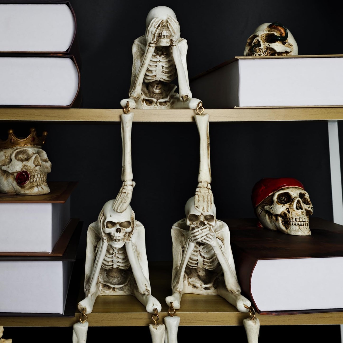 Halloween Skeleton Statues Set of 3 – See No Evil, Hear No Evil, Speak No Evil, Resin Skull Figurines for Gothic Home Decorations, Shelf Mantel Decor, Tabletop Halloween Decor Indoor (3-Piece Set)