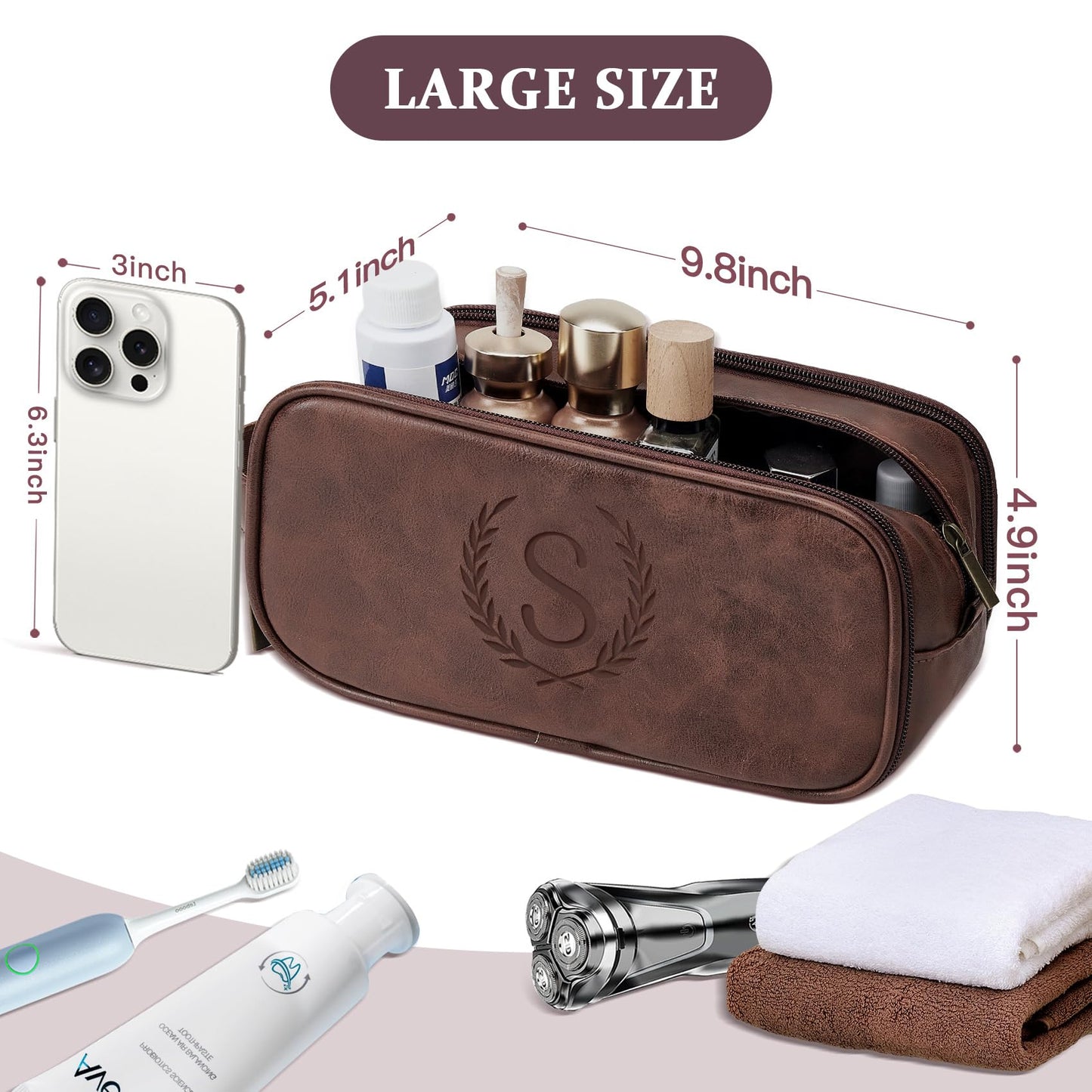 Janhavi Travel Essentials Toiletry Bag, Waterproof PU Leather Initials & Wheat, Groomsmen Gifts, Men's Accessories Organizer, Travel Bags for Men, Birthday Gift Box for Men (Medium, Dark Brown, O)