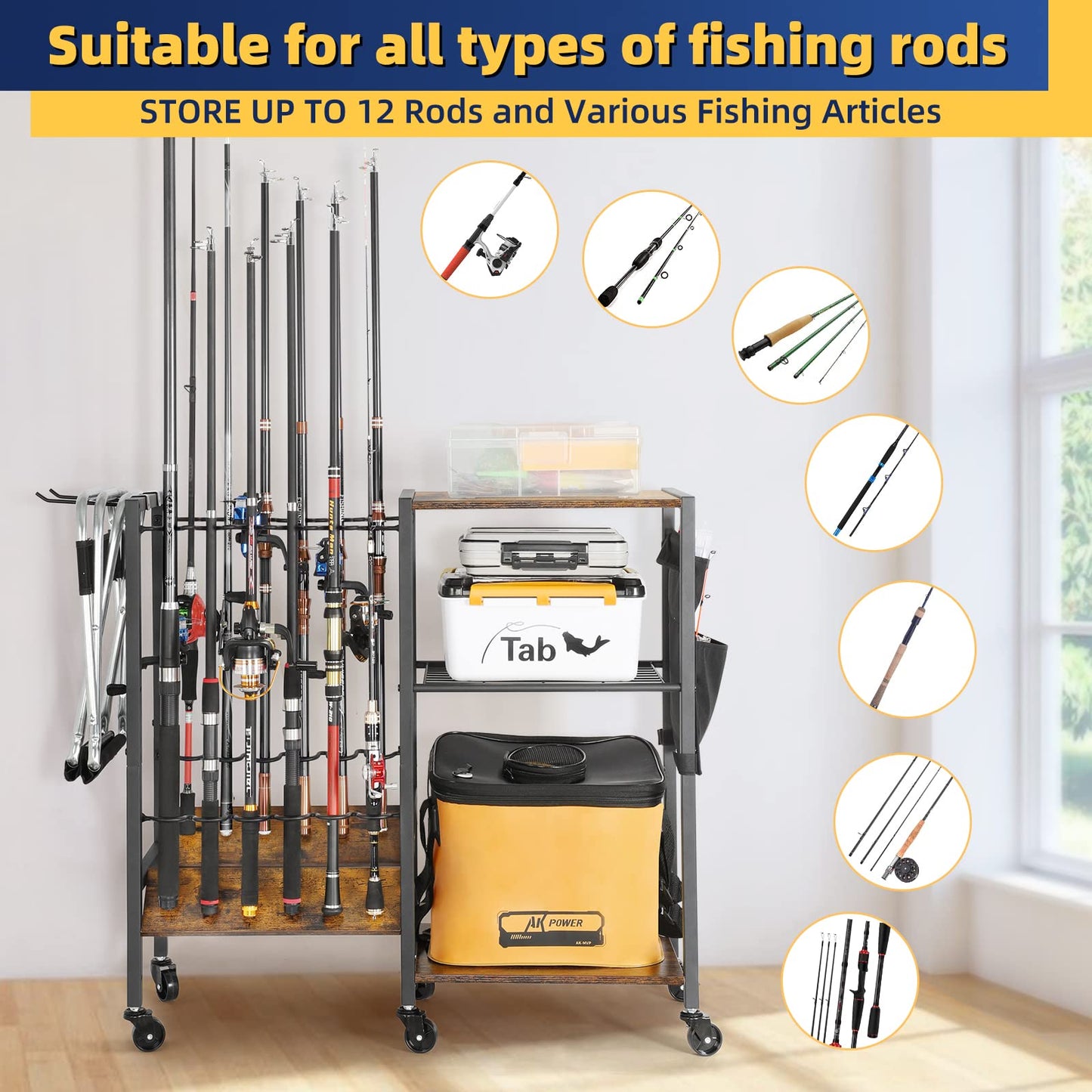 Olakee Fishing Rod Holder for Garage, 12 Fishing Pole Rack & Tackle Organizer, Fishing Gear Storage Cart for Home Entryway & Corner, Space Saving Rod Stand, Heavy Duty Gift for Men Dad Anglers