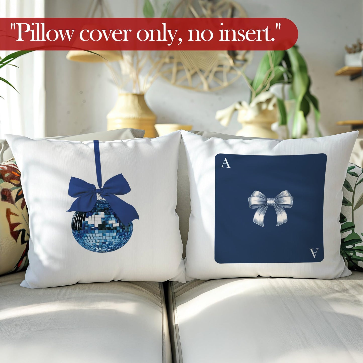 LRyeisahh Blue Trendy Preppy Throw Pillow Covers, Coquette Blue Bow Cherry Disco Ball Decorative Pillowcases Cushion Cases for Girly Room Bedroom Dorm Apartment Decor, 18x18 Pillow Covers Set of 4
