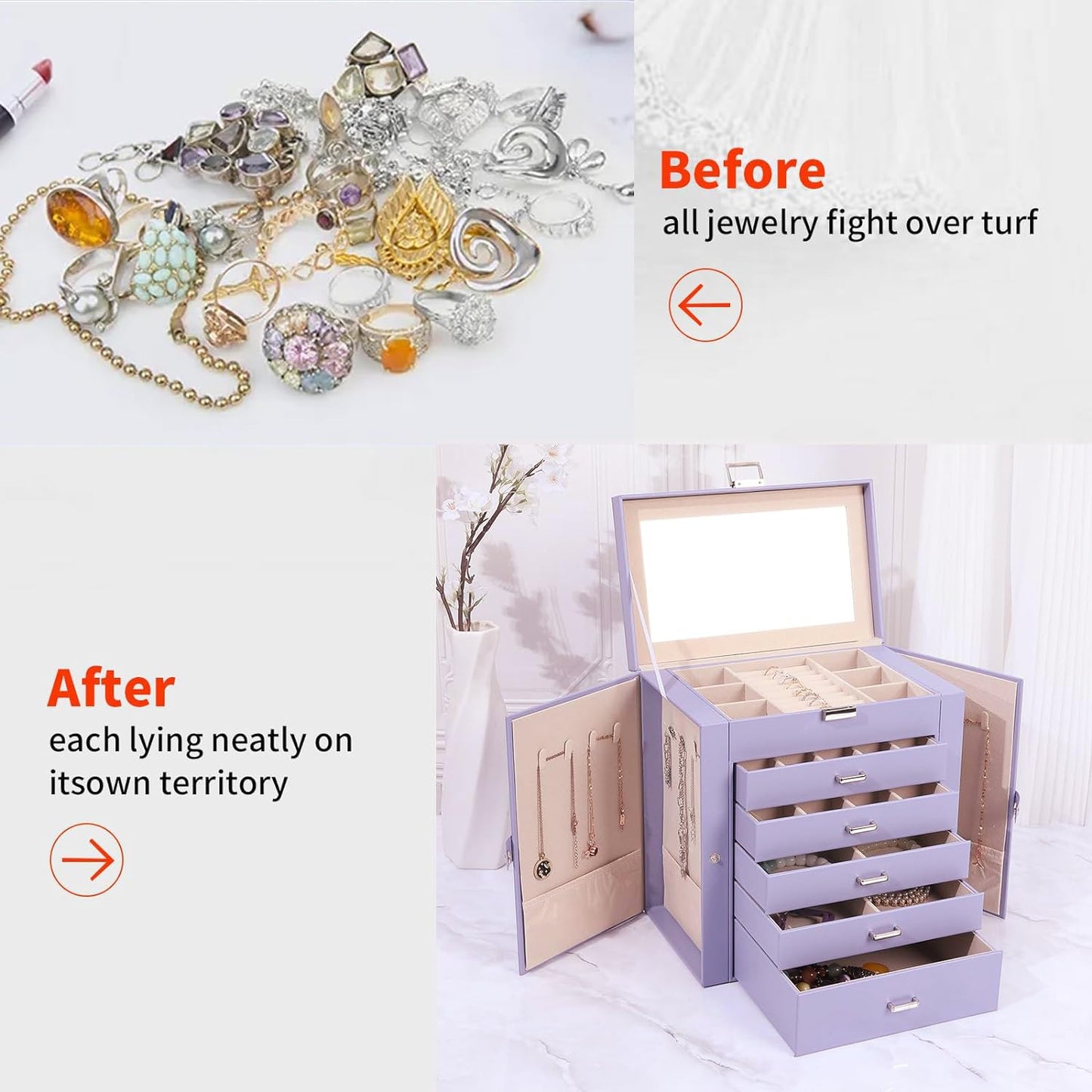 ASINGYER Jewelry Box for Women, 6 Layer Large Jewelry Holder Organizer with 5 Drawers for Jewelry Storage, Big Jewelry Box for Womens’ Christmas Gift (lavender)