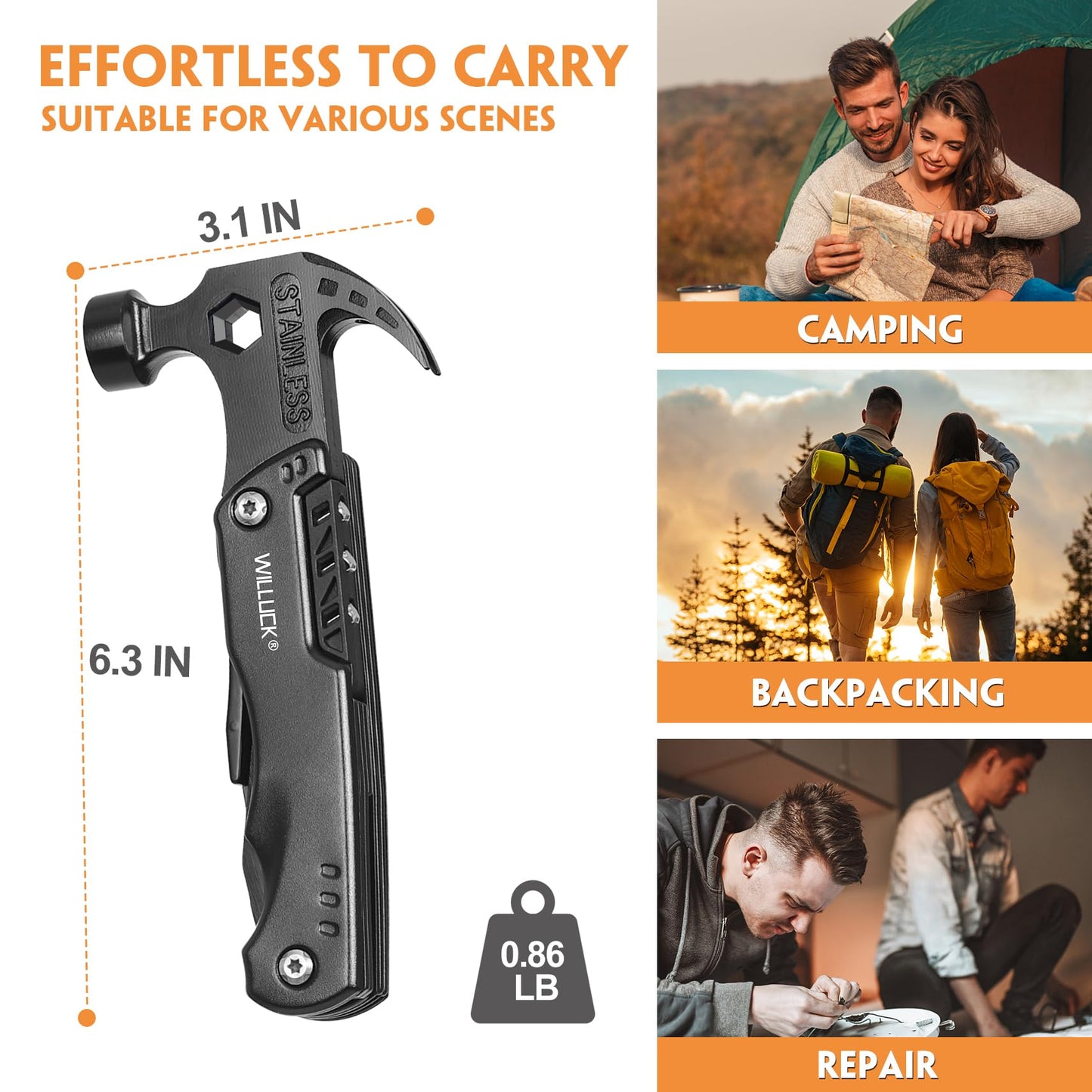 Gifts for Men Dad Husband - Birthday Gifts for Man, Stocking Stuffers for Men - Mens Stocking Stuffers, Christmas Man Gift Ideas - Hammer Presents for Camping, Hiking, Groomsmen Gift, Multitool