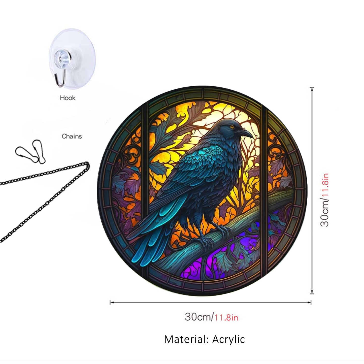 Gothic Raven Window Hanging - 12" Acrylic Suncatcher Alternative for Dark Decor, Witchy Aesthetic Indoor Ornament for Bedroom, Spooky for Women Men Bird Lovers(11.8"/30cm)