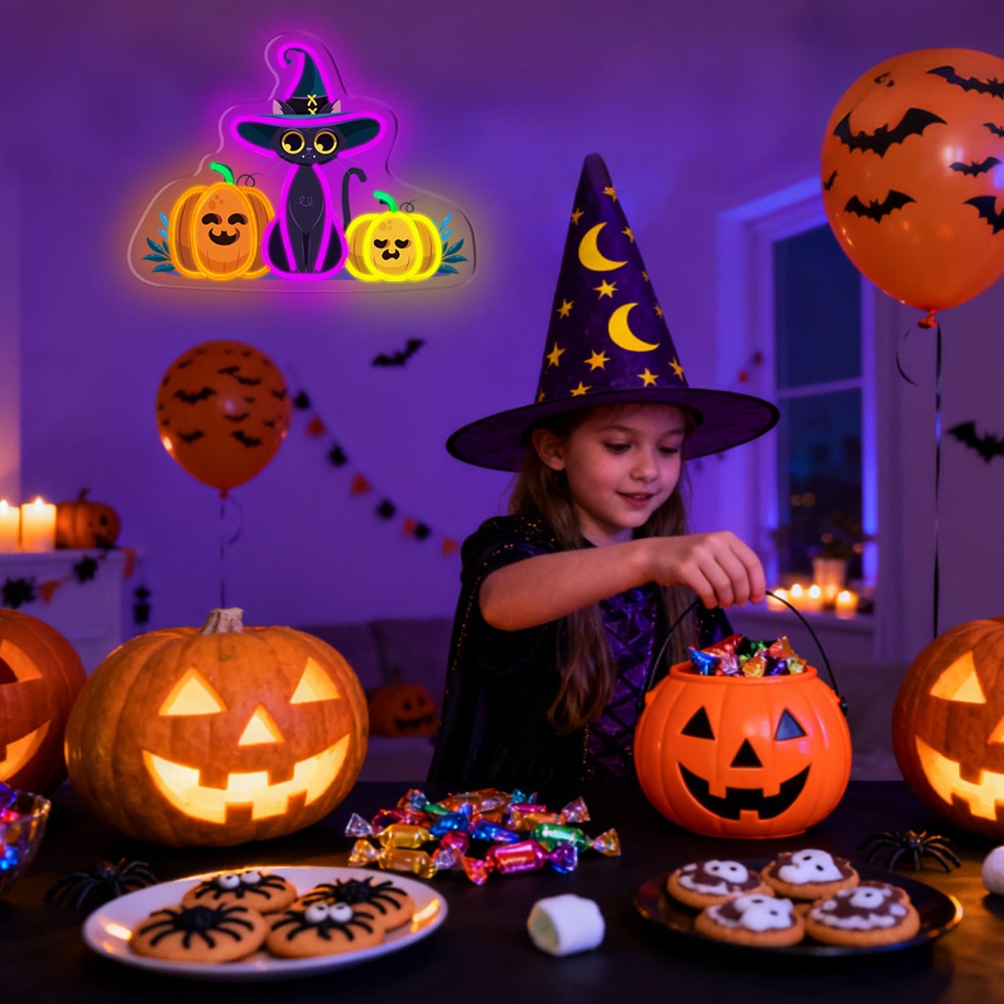 Happy Halloween Neon Sign, Cool Dimmable Light Up Halloween Pumpkin Neon Light Up Sign Gift USB Powered for Kids Bedroom, Living Room, Bar, Party, Shops, Party Yard Wall Decor Home Decoration (Pumpkin & Cat)