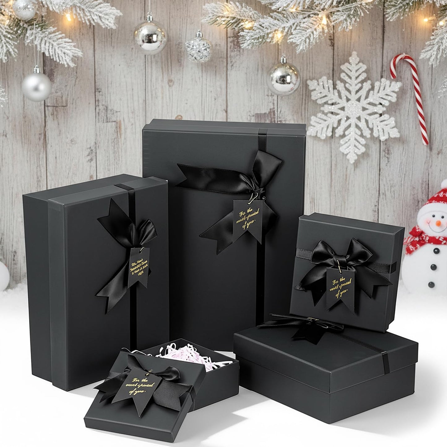 Afgaogw 5 Pack Black Nesting Gift Boxes with Lid, 5 Sizes Luxury Wrapping Boxes with Ribbon Bows & Label for Valentine's Day, Birthday, Weddings, Mother's Day & Thanksgiving Presents, 13.7'' to 5.1''