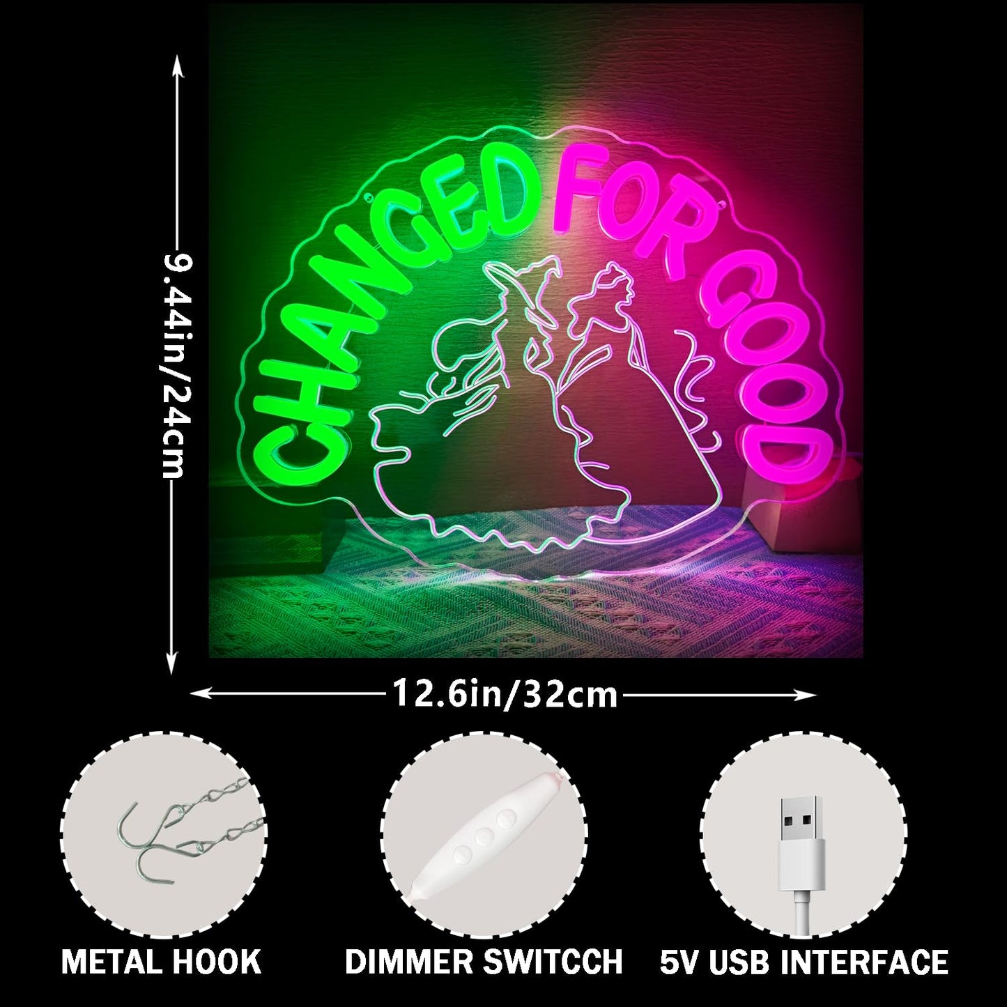 Changed for good Neon Signs Witch Magic Movie Neon Sign Change for Good Neon Sign for Wall Decor Green Pink Christmas Gifts for Fans Party Wall Decor