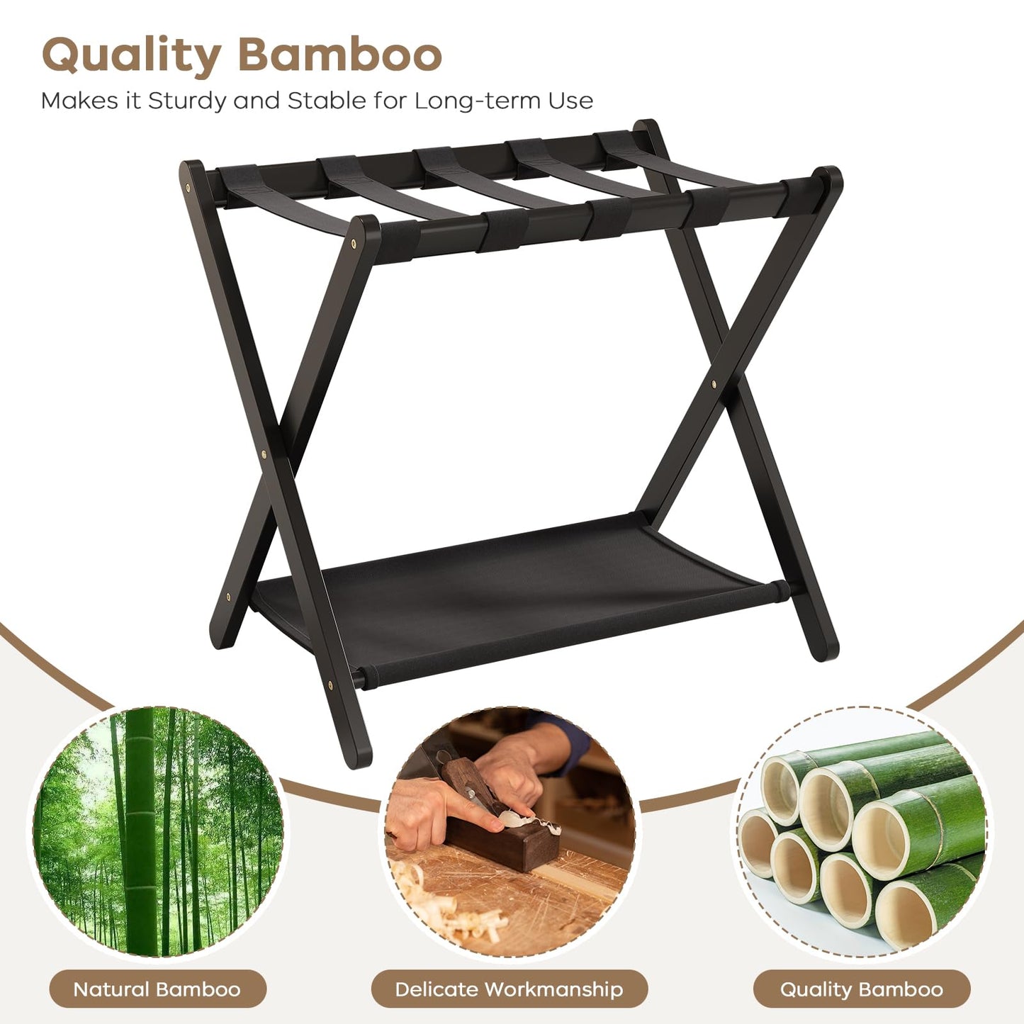 Fully Assembled Luggage Racks Set of 2, Bamboo Luggage Rack for Guest Room, Foldable Suitcase Stand with Fabric Storage Shelf for Bedroom, Hotel, Holds up to 165 lb, 26.77 x 16.93 x 22.5 Inches, Black