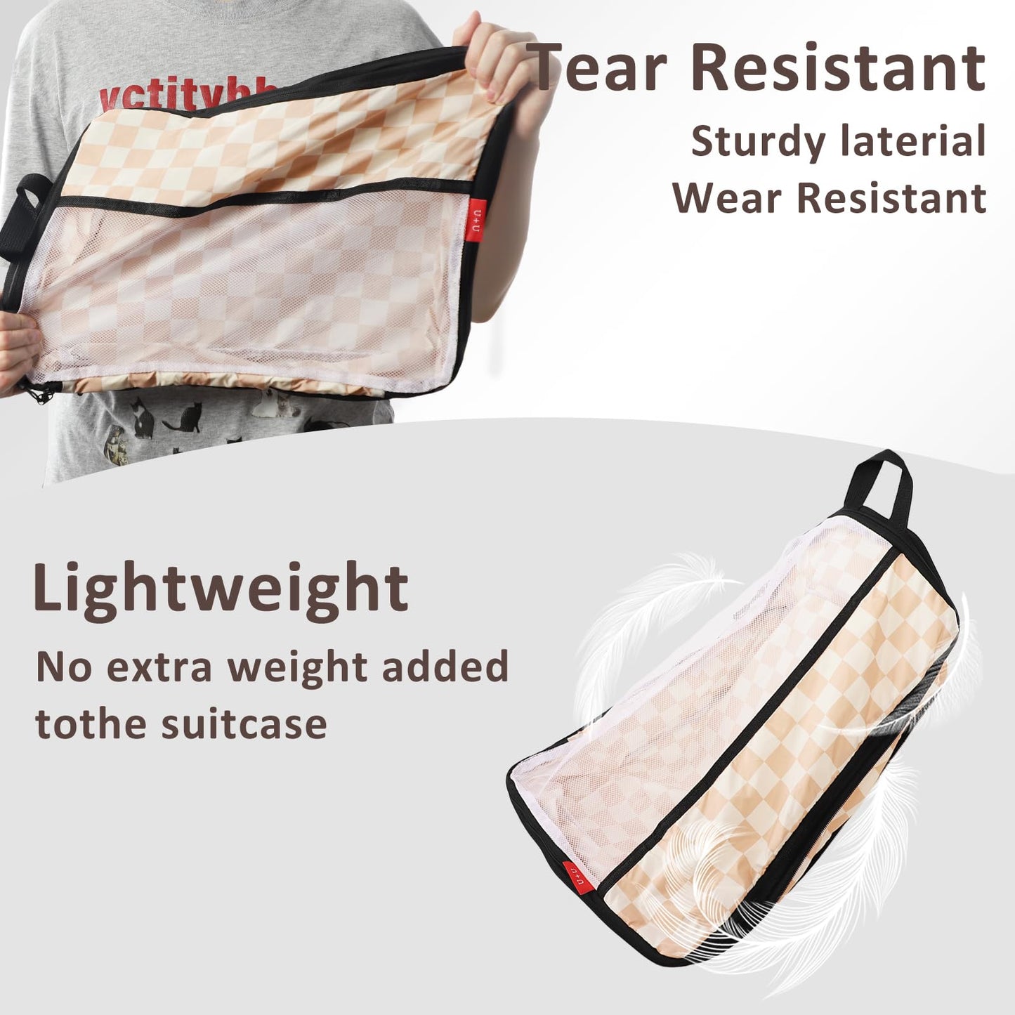 U+U 10 Set Compression Packing Cubes - Ultralight Travel Organizers with Laundry Bag and Cosmetic Bag, Space-Saving Suitcase Organizer for Travel, Business Trip and Family Vacation (Khaki Checkered)