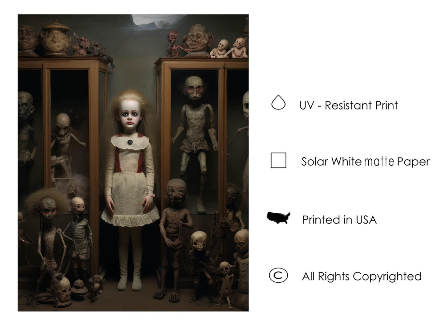 Creepy Doll Collection Art Poster Print, Haunted Scary Spooky Halloween Wall Art Painting Decor Gallery 29 (Creepy Doll Collection, 14" L x 11" W, Black Frame)