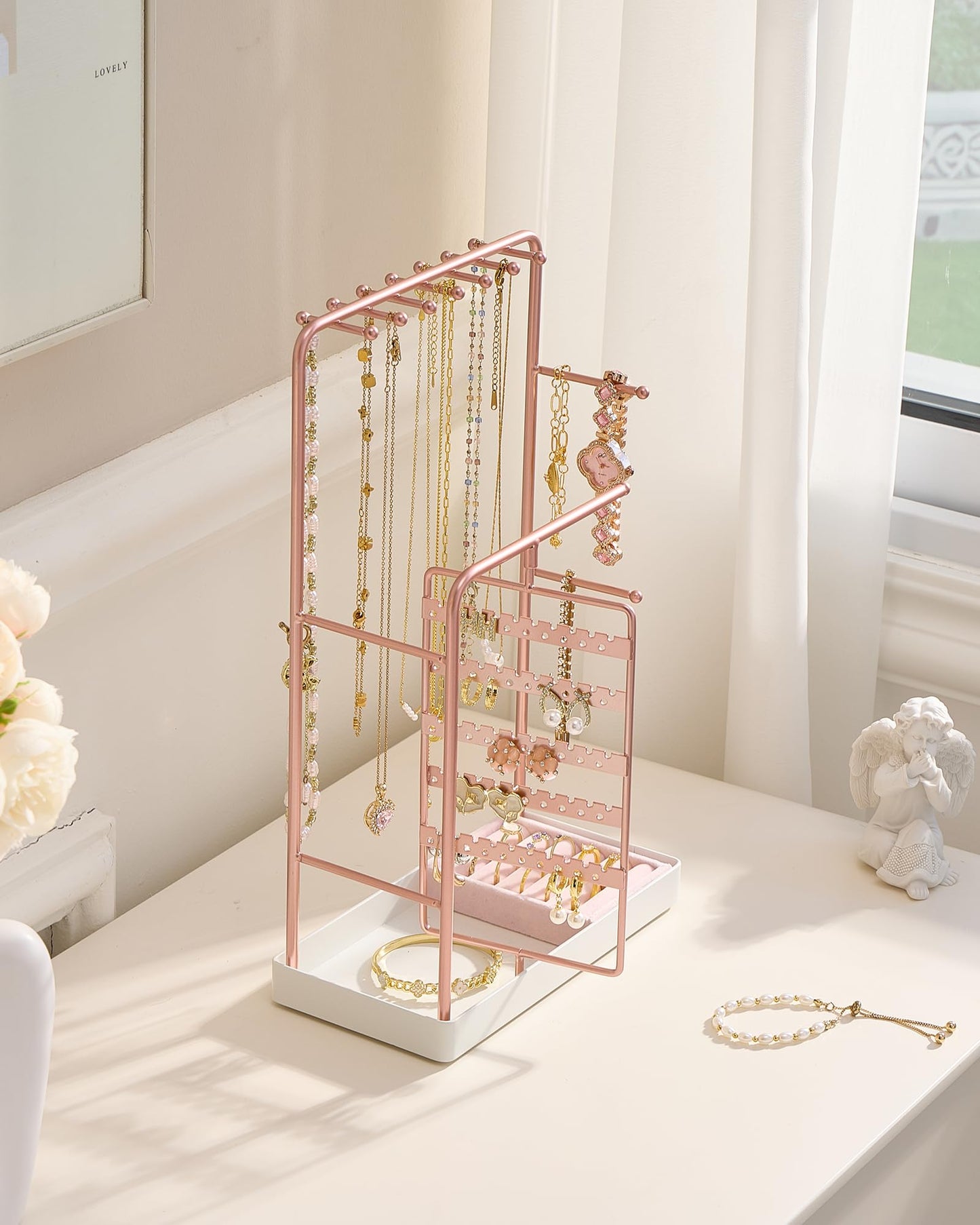 ProCase Jewelry Stand Holder Organizer, Jewelry Display Storage with Ring Tray, Rotating Earring Bracelet Necklace Holder, Valentine's Gifts Room Dorm Decor for Teen Girls -Rosegold (No-Assembly)
