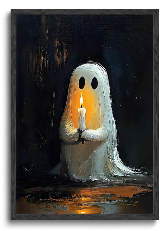 ILLBDR Cute Ghost Canvas Wall Art Halloween Decor Vintage Painting, Spooky Silhouette Ghost Holding Candle Haunted House Art, Bedroom Gothic Decor Ready to Hang, 16x24 Inch Unframed