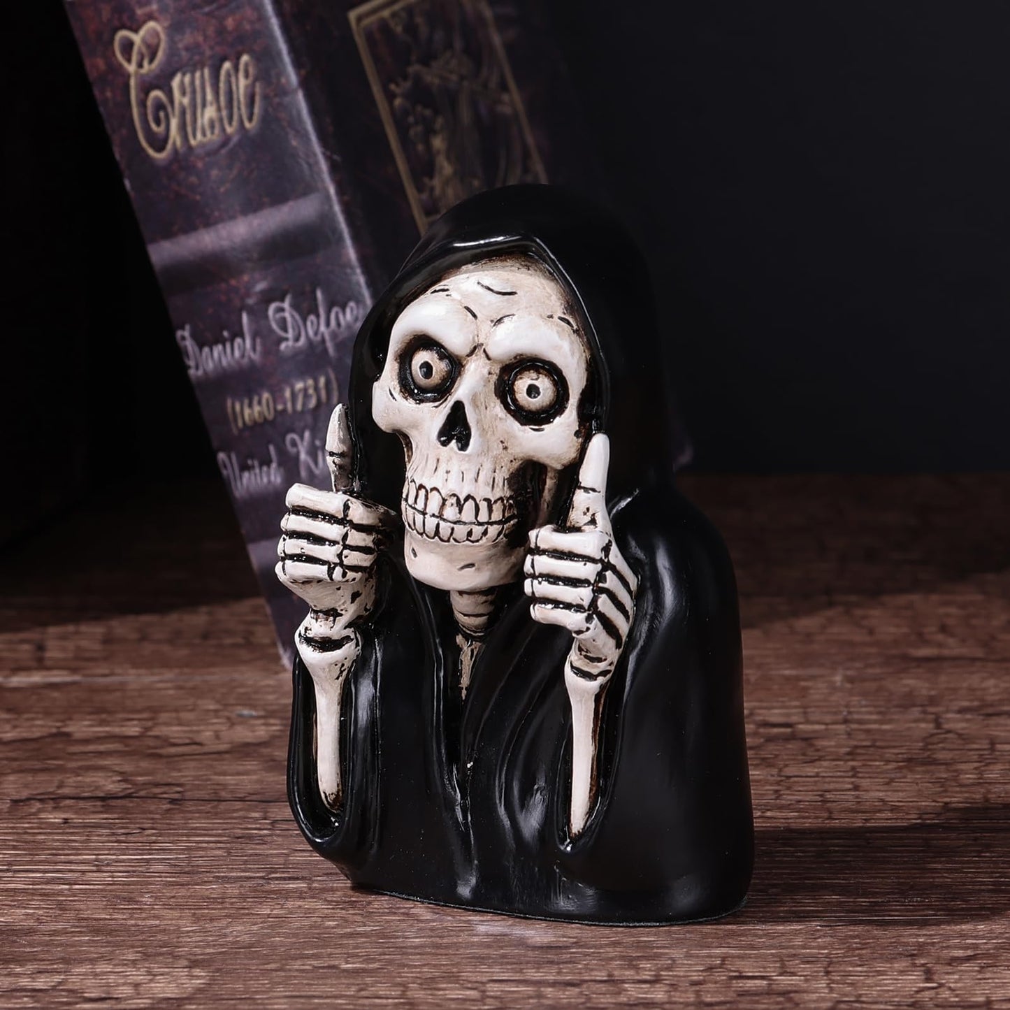 Funny Skeleton Figurine- 3.9inch Gothic Grim Reaper Skeleton Knick Knacks,Thumbs Up Mini Skull Figurines,Resin Punk Halloween Home Decor Statue,Retro Death Figurine Dark Humor Gifts for Women