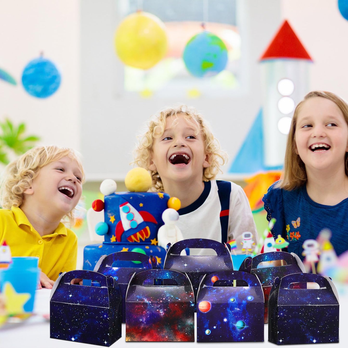 Nezyo 24 Pcs 4.8 x 2.4 x 5.2 Inches Space Party Favor Boxes Small Galaxy Gable Boxes Solar System Planet Cardboard Gift Candy Goodie Bags for Space Theme Birthday Party Supplies(Planet Galaxy)