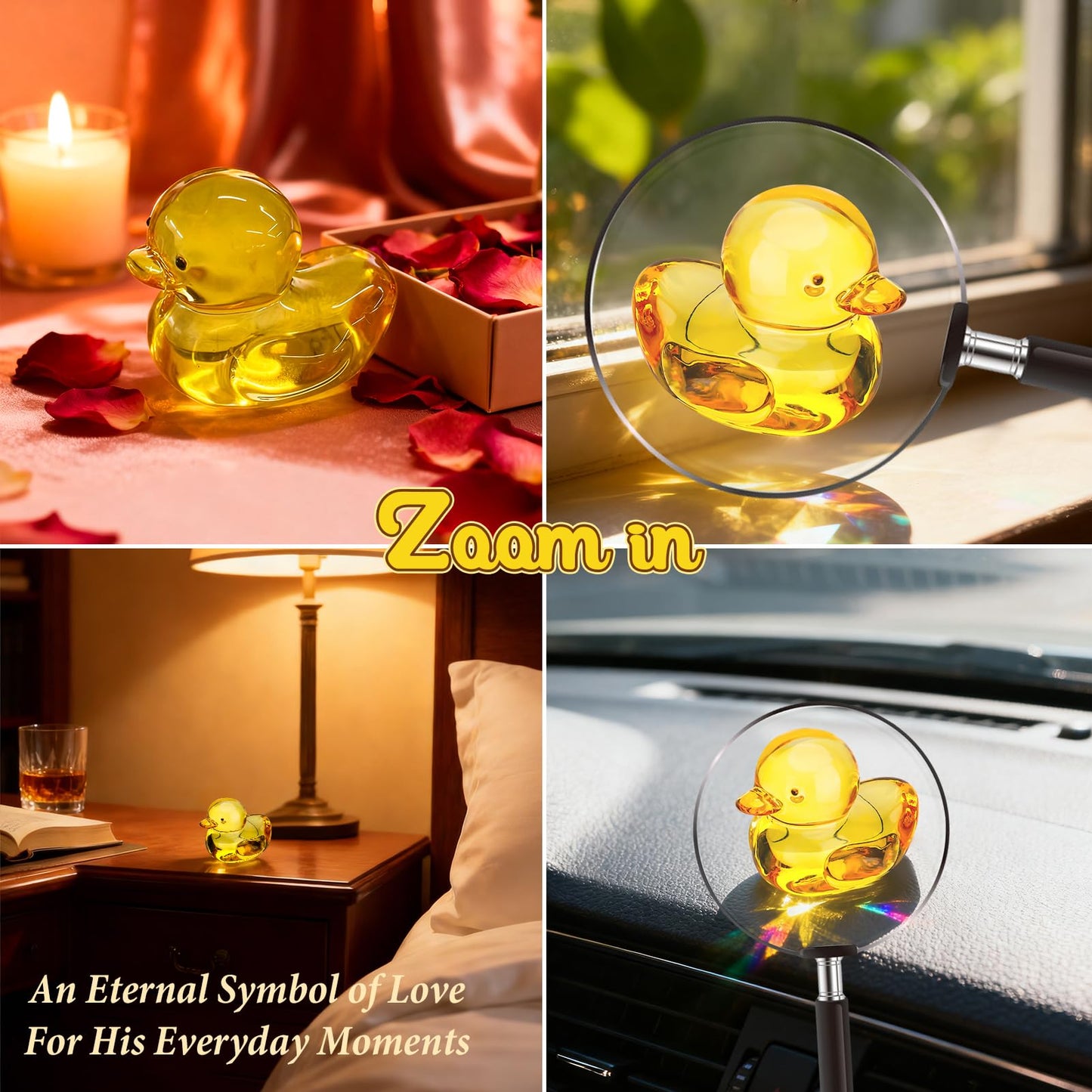 Ovveroche Yellow Glass Ducky Figurine, Mini 3D Crystal Duck Keepsake, Small Animal Ornament with Gift Box &Greeting Cards,Gift for Her, Mom, Daughter, Valentine Birthday Home Desk Decor