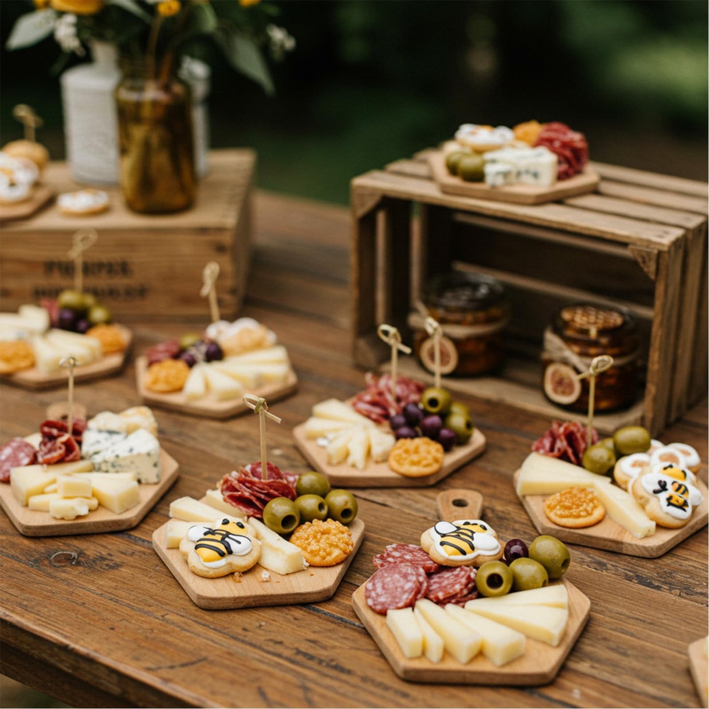 Ziliny 1 Set Bridal Baby Shower Prizes for Winners Honey Bee Cheese Board Party Gifts with Cheese Knive and Forks Box for Bee Baby Shower Themed Birthday Wedding Favors (Hexagon)
