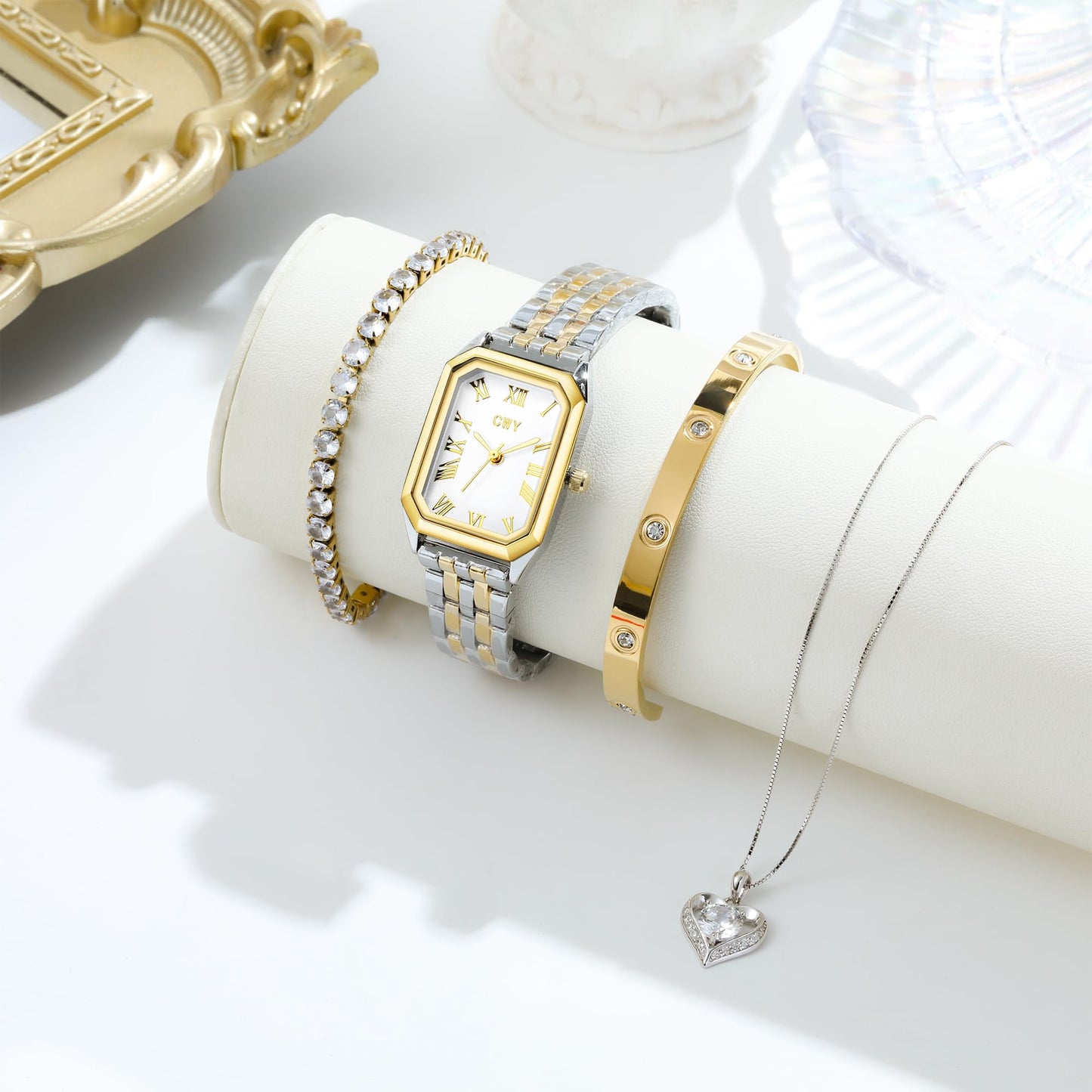 Gifts for Women Jewelry Set, 925 Silver Moissanite Necklace, Gold Watch Stainless Steel Bangle with Eternal Roses Wooden Gift Box Ideal for Mother's Day Birthday Anniversary Christmas Valentine's Day Wife Gift
