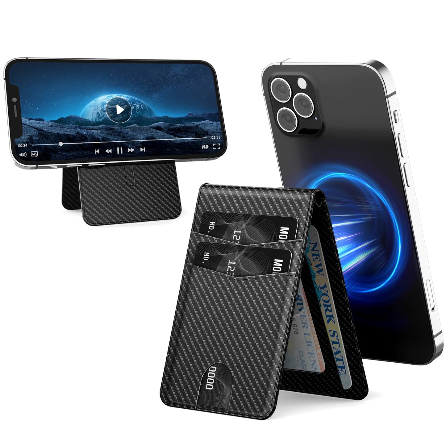 YINHEXI for Magsafe Wallet Stand, Magnetic Leather Phone Wallet Card Holder for Phone Case with Adjustable Stand, Minimalist Slim Leather Mens Wallet with 4 Cards Slots (Carbon Fiber)