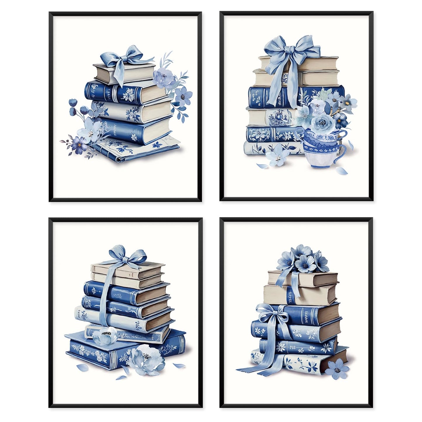 Locomiss Blue and White Floral Bow Book Chinoiserie Wall Art Decor Posters, Blue Bow Book Flower Bookish Girly Wall Art Decor For Bedroom Dorm Living Room Classroom Library, Set of 4 (8x10 Unframed)