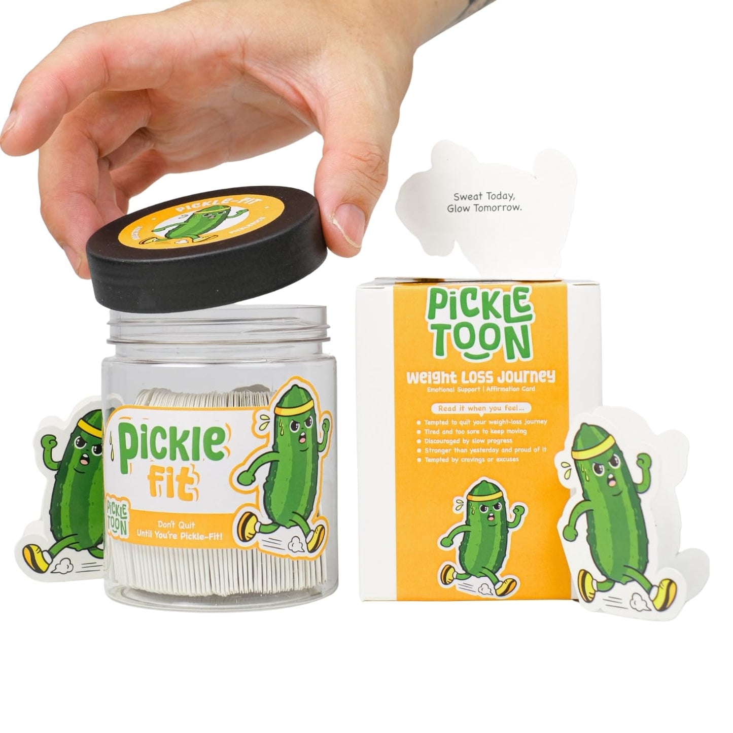 Pickletoon Emotional Support Positive Pickle Jar (PICKLE FIT) – Workout Motivation Jar, 60 Gym Affirmation Cards for Weight Loss & Fitness Goals, Get Fit Gifts for Women & Teen Girls