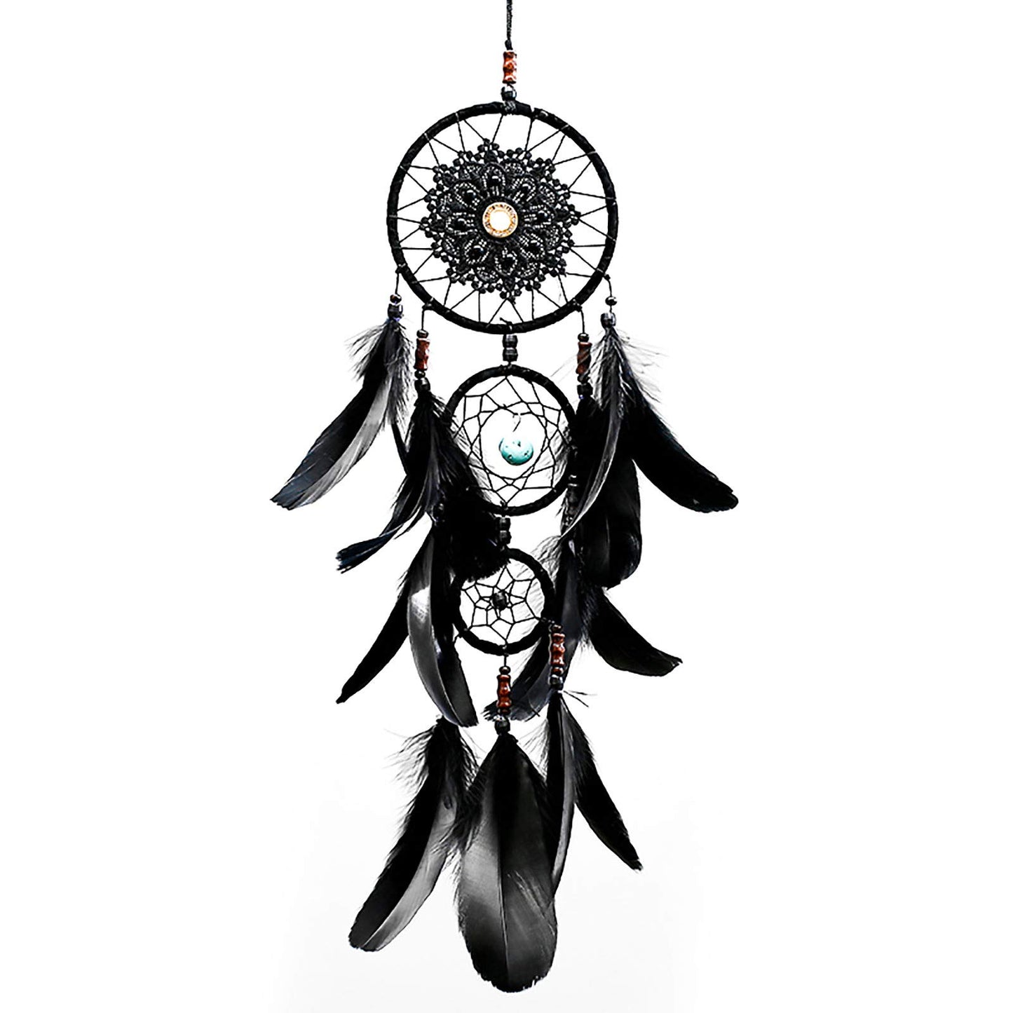 Pretty Jolly Black Gothic Dream Catcher Wall Decor Handmade Woven Feather Macrame Dream Catchers Wall Hanging for Bedroom,Living Room,Wedding Party,Home Decor-Black 3 Rings 22.4"