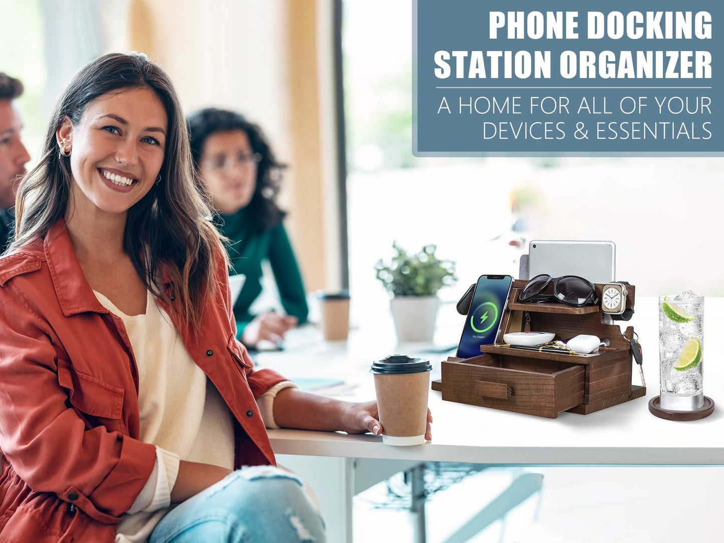 Parkway Home Wood Phone Docking Station with Drawer, Compatible with Apple Watch - Wood Charging Station Organizer Stand, Bedside Nightstand Organizer for Men, Holds Phone, Tablet, Keys, Glasses, EDC