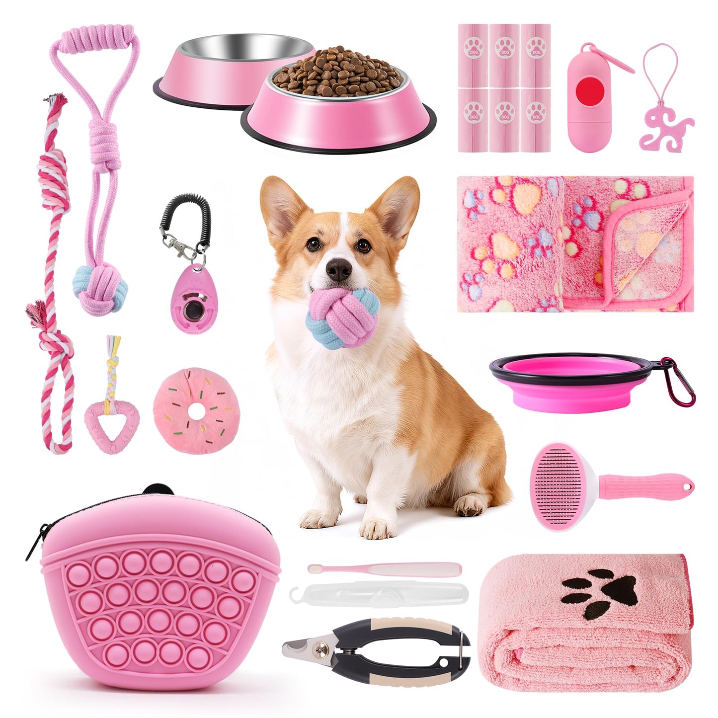 WILDOMS Puppy Supplies Starter Kit – Puppy Essentials and Dog Stuff Set for Small Dogs, Includes Bowls, Toys, Toothbrush, Treat Pouch and More, Welcome Home Gifts for Your New Puppies - Pink
