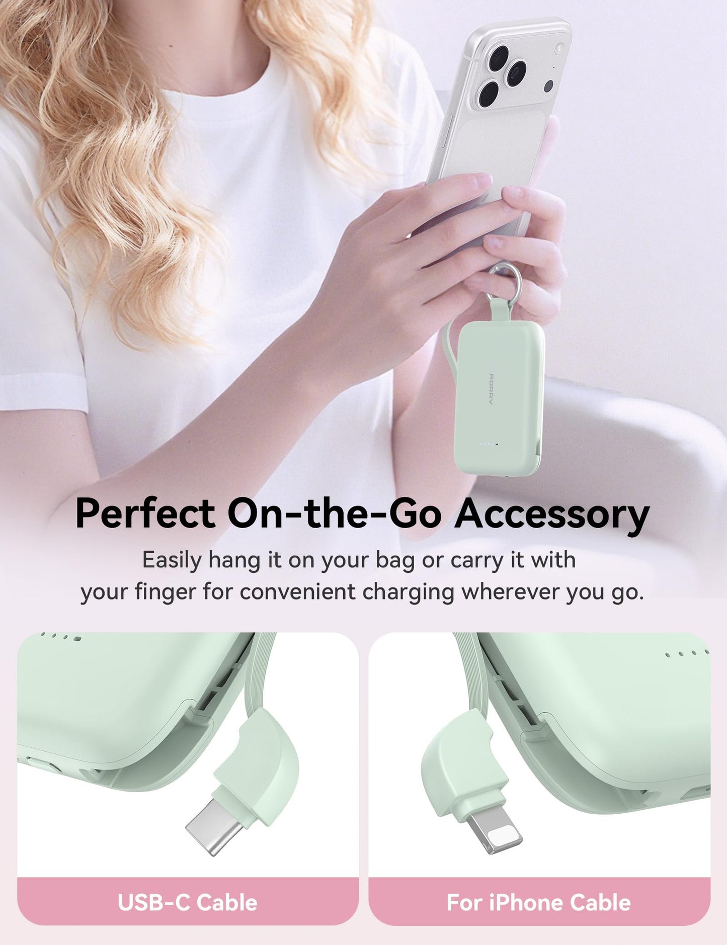 RORRY Portable Charger, 10000mAh PD 30W Fast Charging Portable Charger Power Bank with Built-in Cables, Travel Keychain Charger Battery Pack for iPhone 17/16/15/14/13/12, for AirPods 2/3/4/Pro, Green