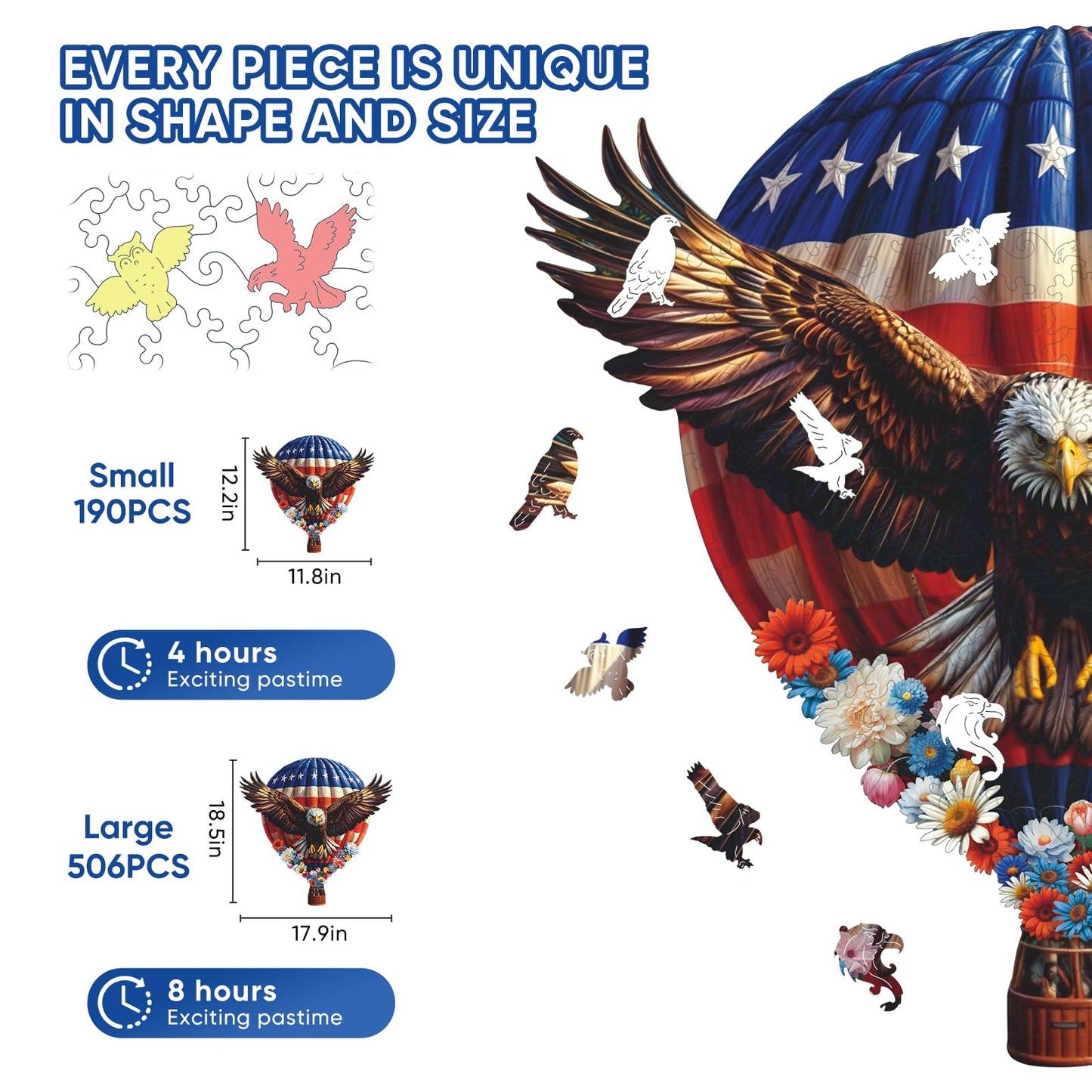 Pikoqunc Eagle Design Wooden Puzzles,190 Pieces 12.2x11.8 Inches,Laser-Cut Animal Jigsaw for Adults,Relaxing Brain Teaser with Exquisite Box for Friends and Family,Perfect Relaxing Art Puzzle Gift