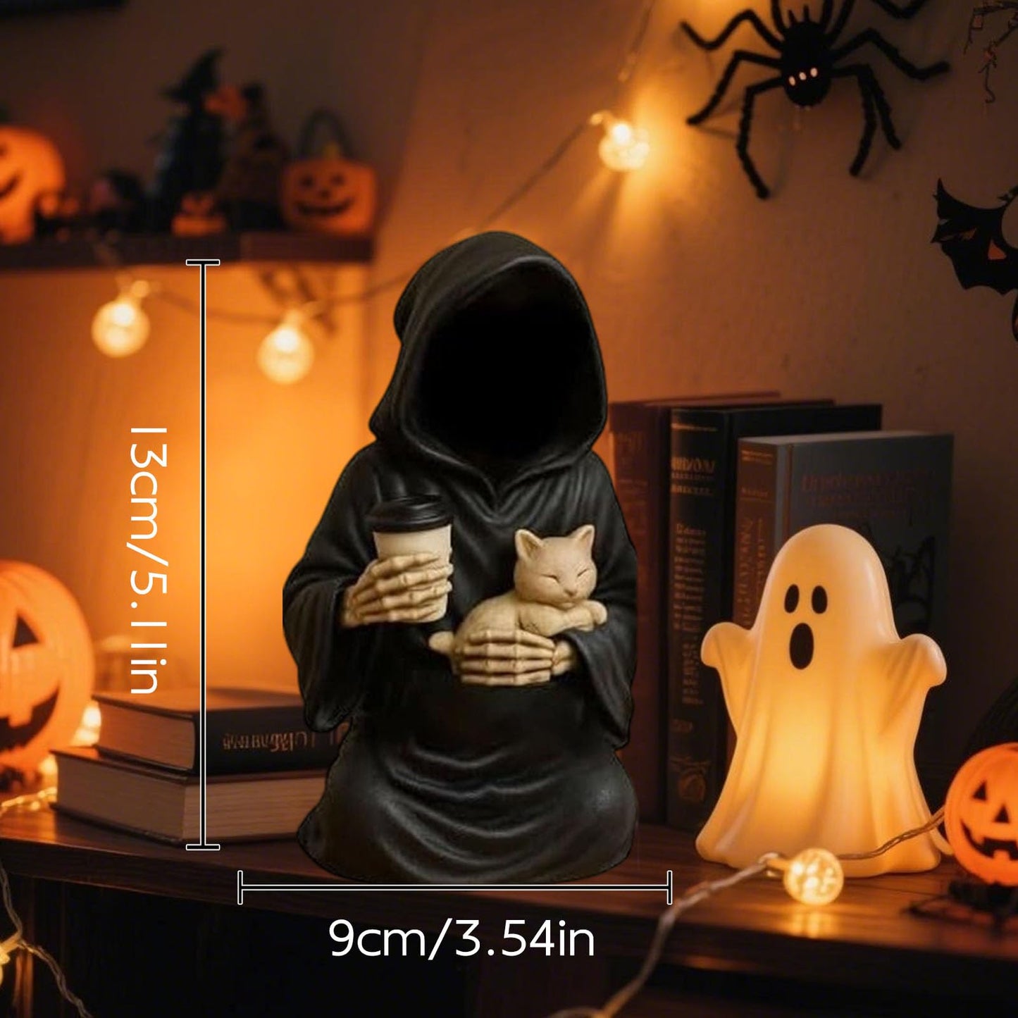 Gorbgle Halloween Decor, Gothic Decor Mysterious Resin Statue with Cat, Black Robe Spooky Figurines, Goth Sculptures Table Centerpiece for Home Office, Desk, Mantel, Bookshelf, Indoor Decorations
