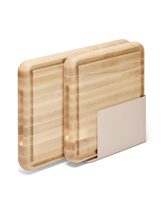 Caraway 3-Piece Prep & Serve Butcher Block Set, Includes 17” Rectangle Cutting Board, 12” Square Cutting Board and Metal Storage Rack, Maple
