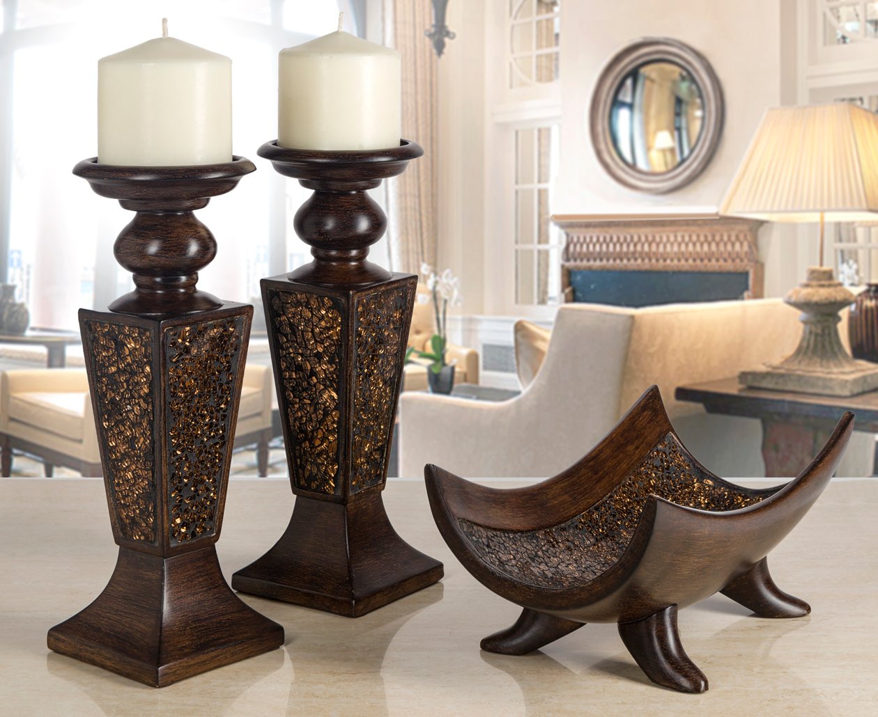 Creative Scents Schonwerk Brown Pillar Candle Holder Set of 2- Crackled Mosaic Design- Functional Table Decorations- Centerpieces for Dining/Living Room- Best Wedding Gift