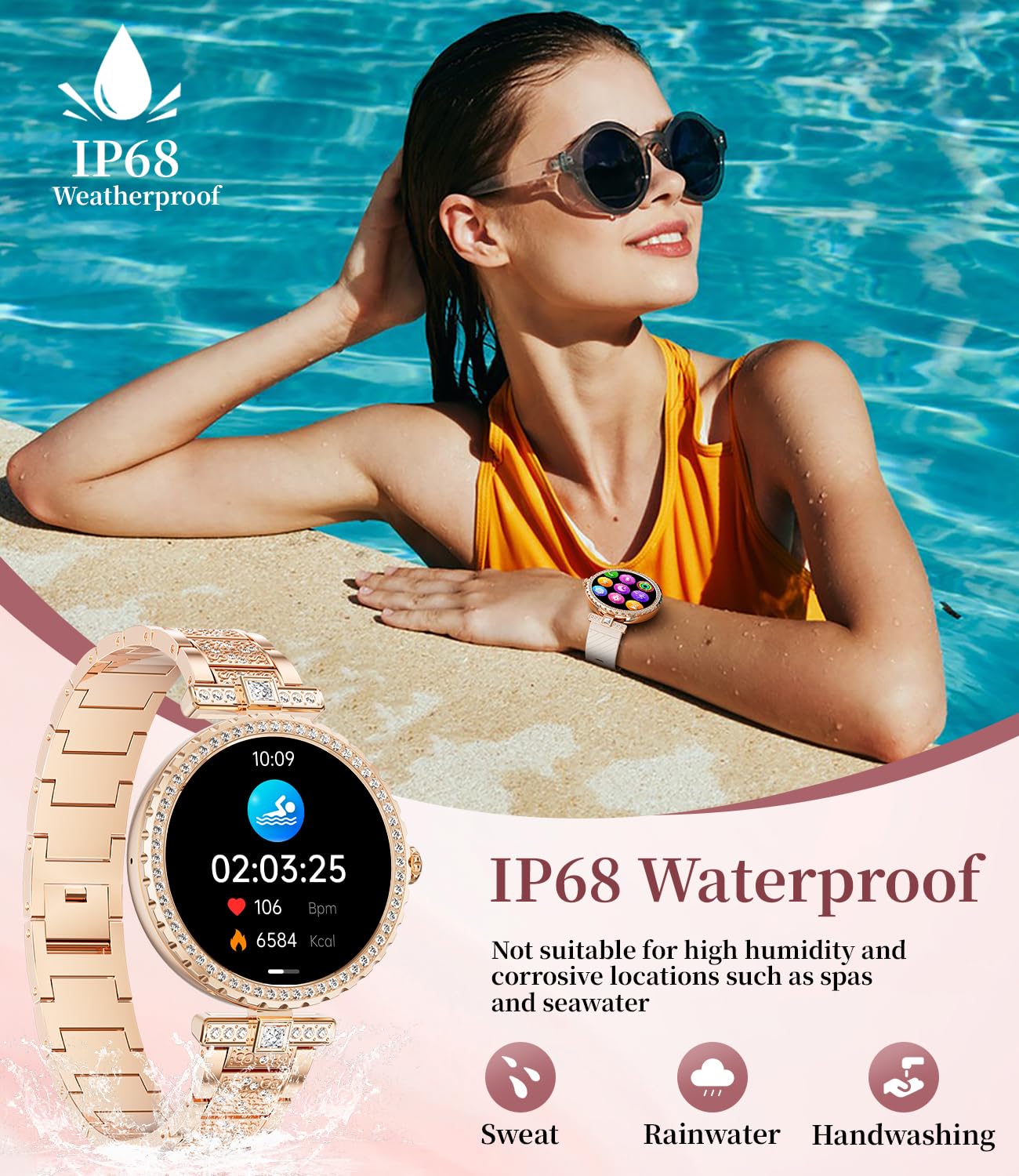 ESFOE Smart Watches for Women,1.19” AMOLED Smart Watch Women Answer Make Calls,IP68 Waterproof Fitness Tracker,Heart Rate Sleep Monitor,100+ Sports Pedometer Watch for Android iOS Phone,Gift,Rose Gold