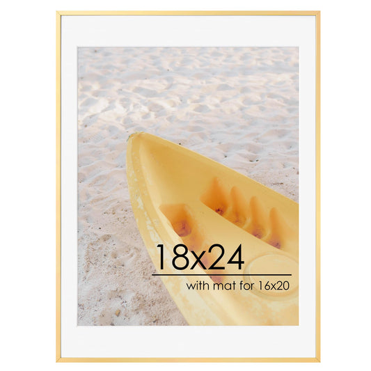 FLYJOE 18x24 Metal Picture Frame For Wall With Mat For 16x20, 18''x24'' Aluminum Photo Frames With Tempered Glass For Home Decor, Minimalist Modern Poster Frame Horizontal And Vertical Formats, Gold