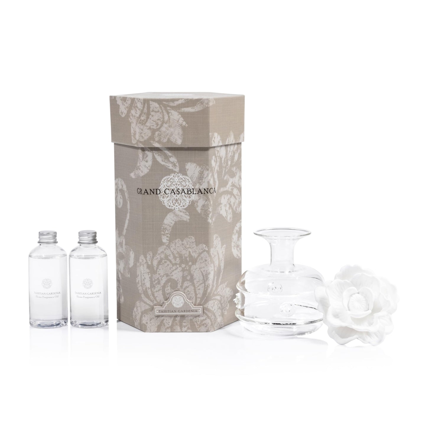 Zodax Grand Casablanca Porcelain Oil Diffuser - Home Fragrance Oil Diffuser Ideal for Living Room, Bathroom, Office - Flower Design - Gift Box Packaging Included - Tahitian Gardenia - 6.76 Oz.
