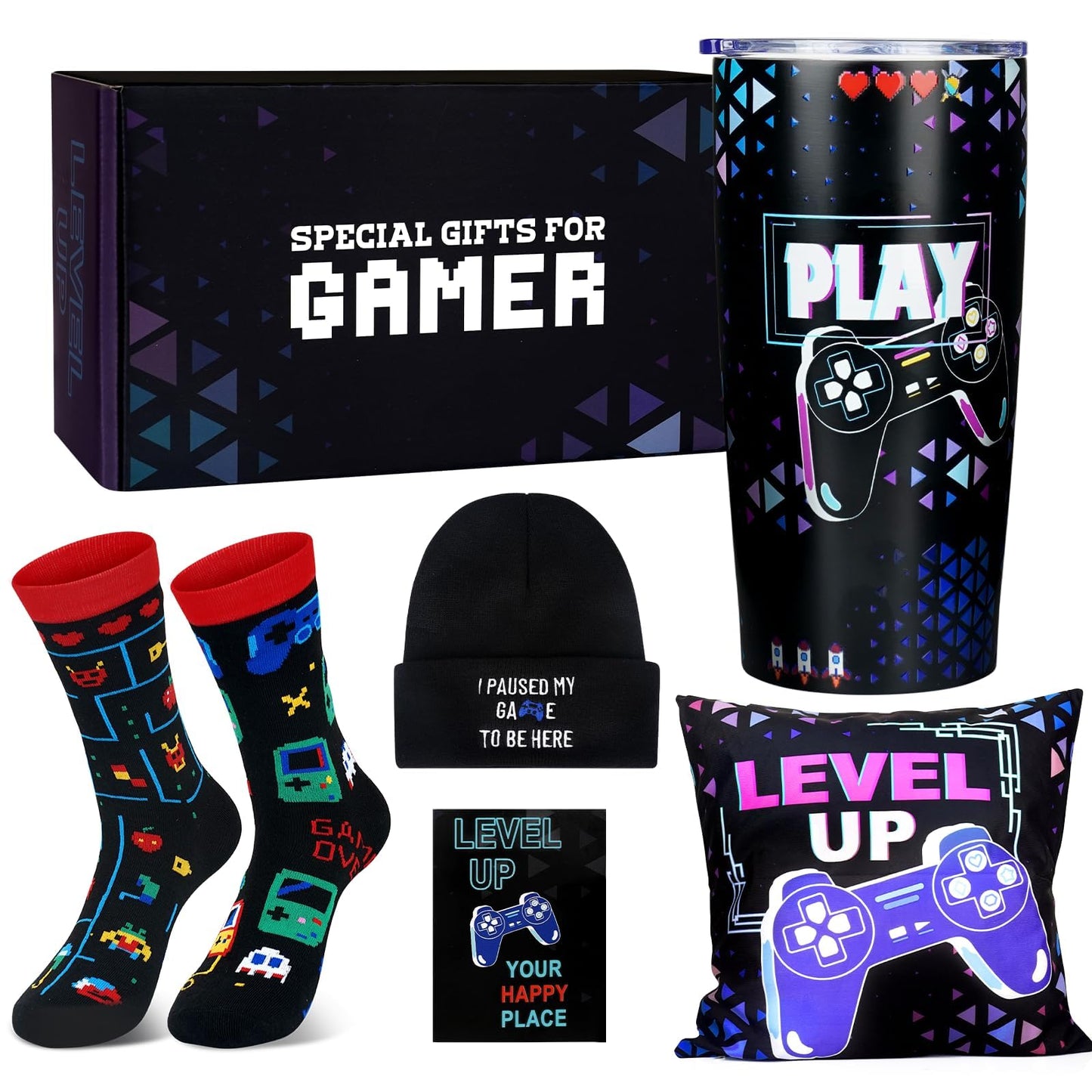 ANOTION Valentines Day Gamer Gifts for Him-5PCS Gaming Gift Set for Boyfriend Teen Boys Men - 20oz Insulated Tumbler, Beanie, Socks, Pillowcase, Card, Gaming Gifts Box for Teenage Boys