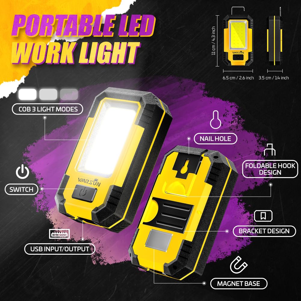 WARSUN 3 PC Led Work Lights Rechargeable Magnetic Mechanic Light Portable Worklight for Camping Car Repairing 30w 1200 High Lumens Bright, Yellow Stocking Stuffers Mens/Dad Gifts