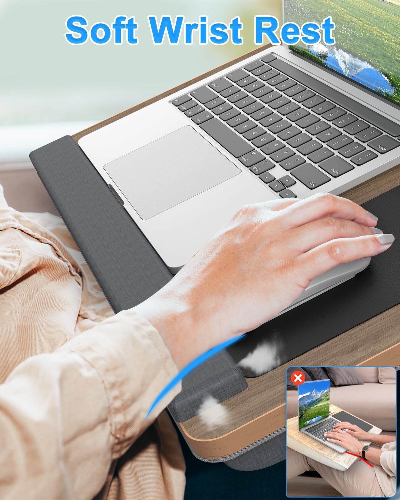 Laptop Lap Desk, Portable Large Laptop Desk for Bed, Up to 17 in Lap Table with Wrist Rest, Mouse Pad, Tablet Phone Slot, Portable Handle, Cushion (Dark Brown Woodgrain)