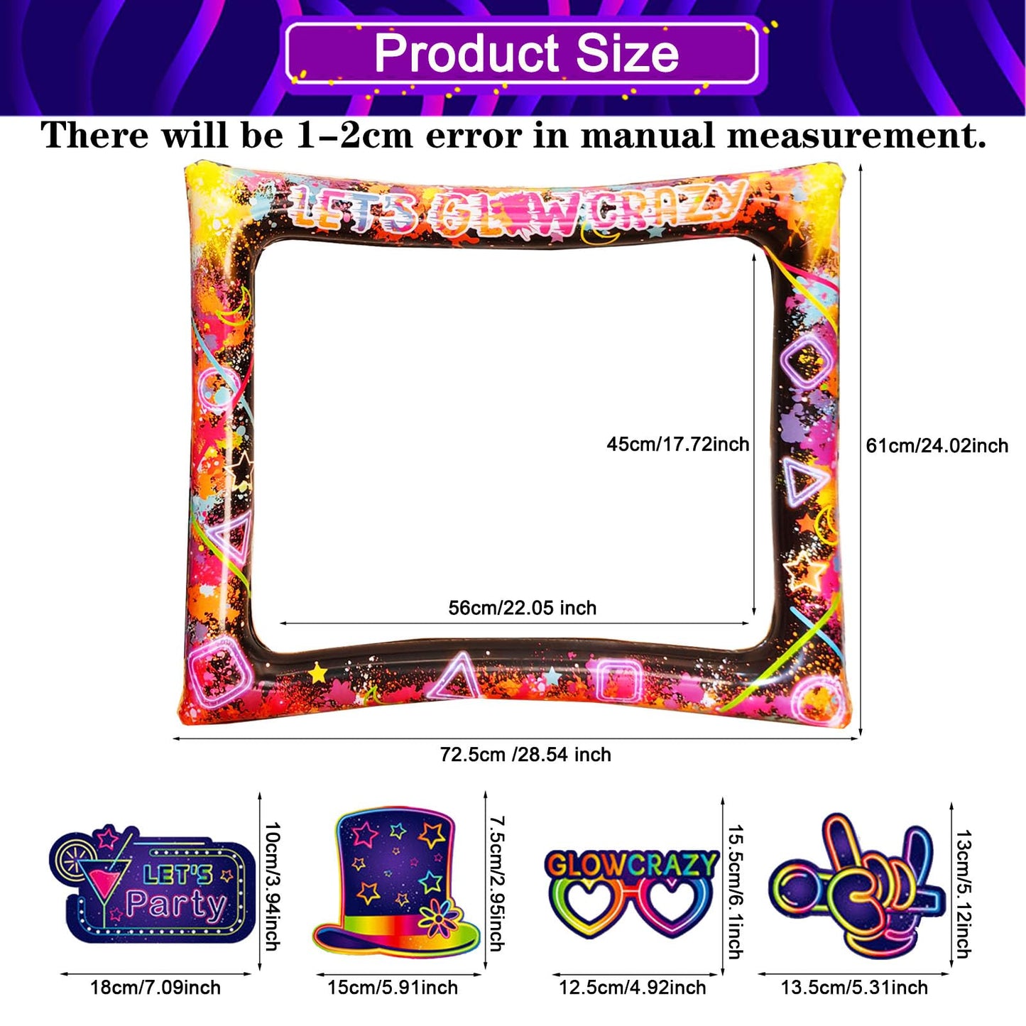 LMSHOWOWO 30PCS Neon Photo Booth Props, Glow Inflatable Photo Booth Frame, Funny Selfie Props for Neon Party Accessories Let's Glow in The Dark Birthday Party Wedding Carnival