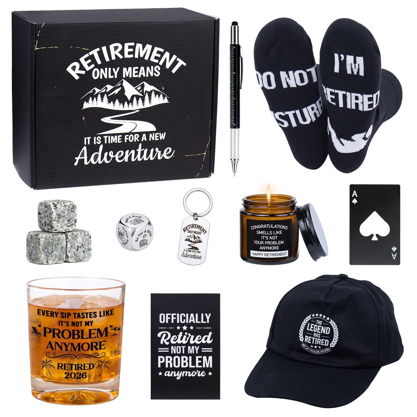 Ithmahco Retirement Gifts for Men 2026, Retirement Gift for Men, Funny Retired Gifts Includes Whiskey Glass Set Candles Hat Socks Pen Bottle Opener Keychain Dice for Dad, Coworker, Boss, Grandpa