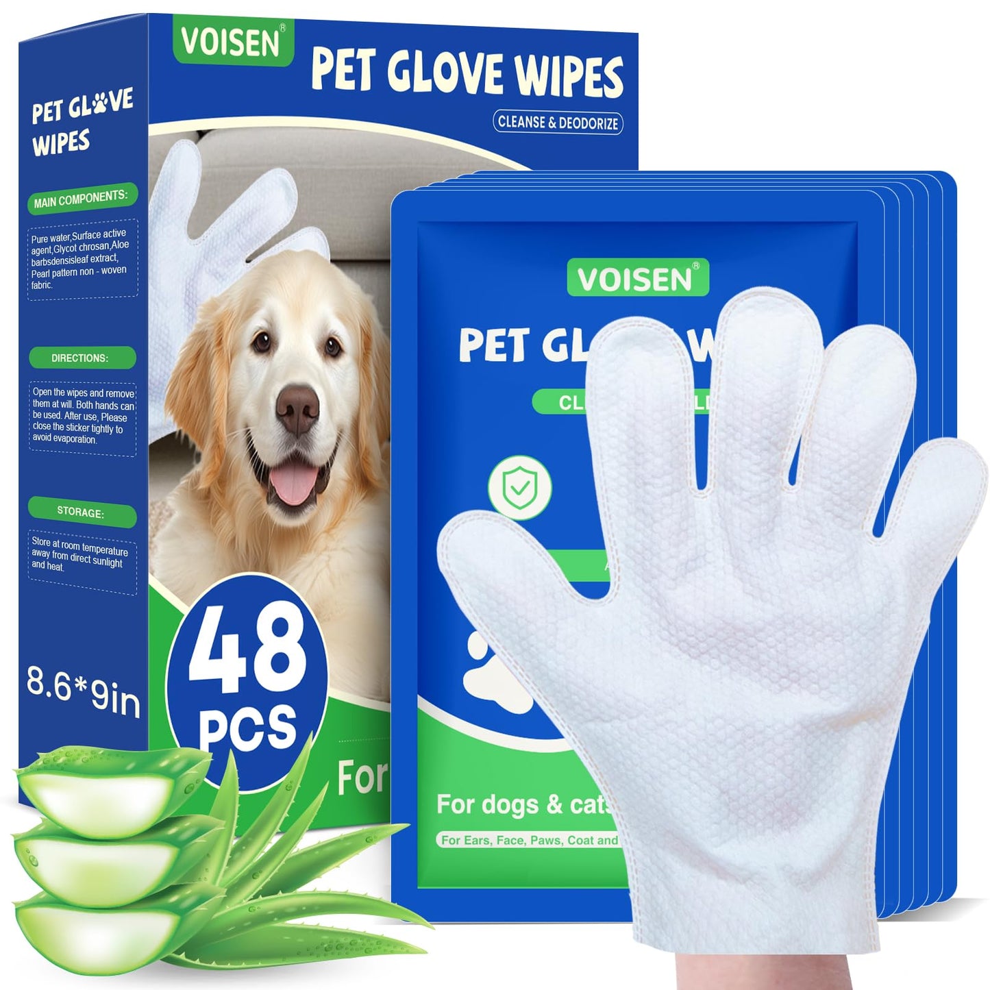 VOISEN 48 Pcs Pet Glove Wipes for Dogs and Cats, Cleaning & Deodorizing Bathing Grooming Wipes,Unscented Thick Nourish Fur Glove Wipes for Pet Dry Cleaning,Daily Care and Travel