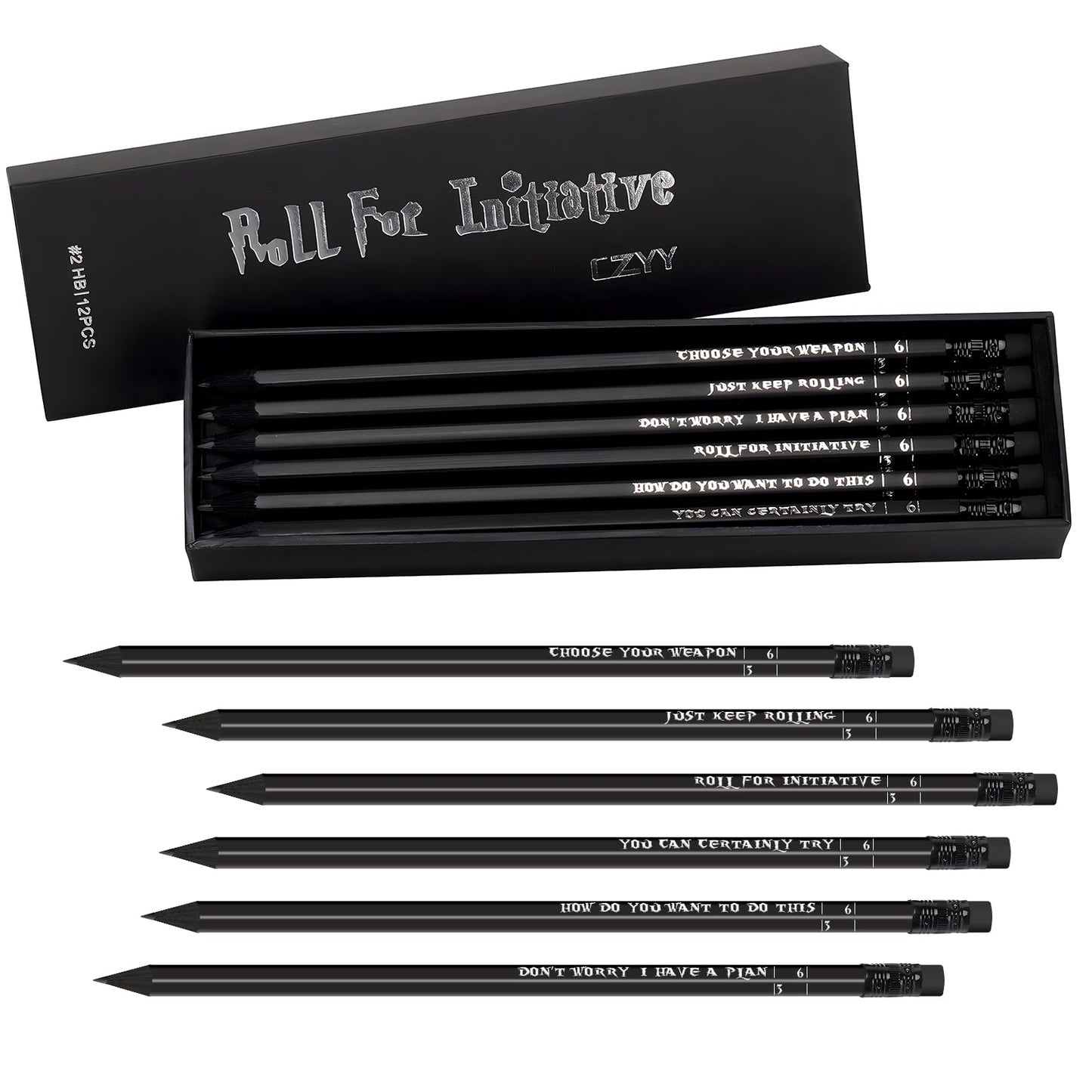 DND Pencils Set of 12 - Silver Foil Stamped with RPG Slogans & D6 Dice Numbers - Hexagon 2HB Tabletop Gaming Pencil with Eraser - Must-Have Tools, Accessories and Gifts for DM and Player (Style A)