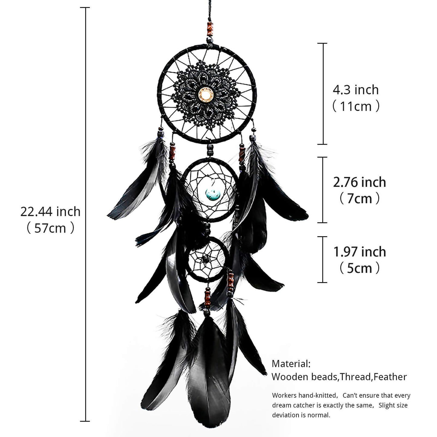 Pretty Jolly Black Gothic Dream Catcher Wall Decor Handmade Woven Feather Macrame Dream Catchers Wall Hanging for Bedroom,Living Room,Wedding Party,Home Decor-Black 3 Rings 22.4"