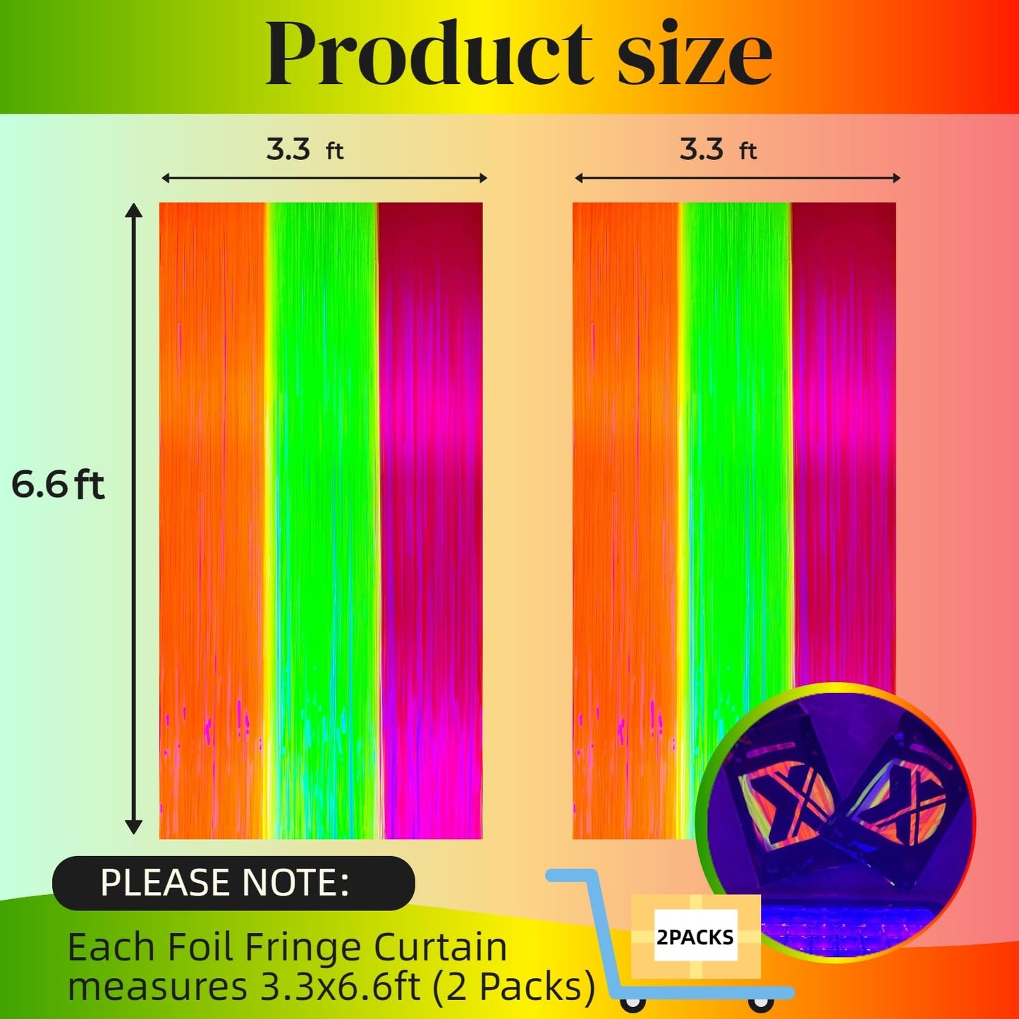 Aduck Glow in The Dark Party Supplies, Neon Party Decorations Foil Fringe Curtains with Tinsel Backdrop(2-Pack), Fluorescent Yellow/Orange/Pink Streamers for Photo Booth Birthday Decorations-6.6x6.6ft