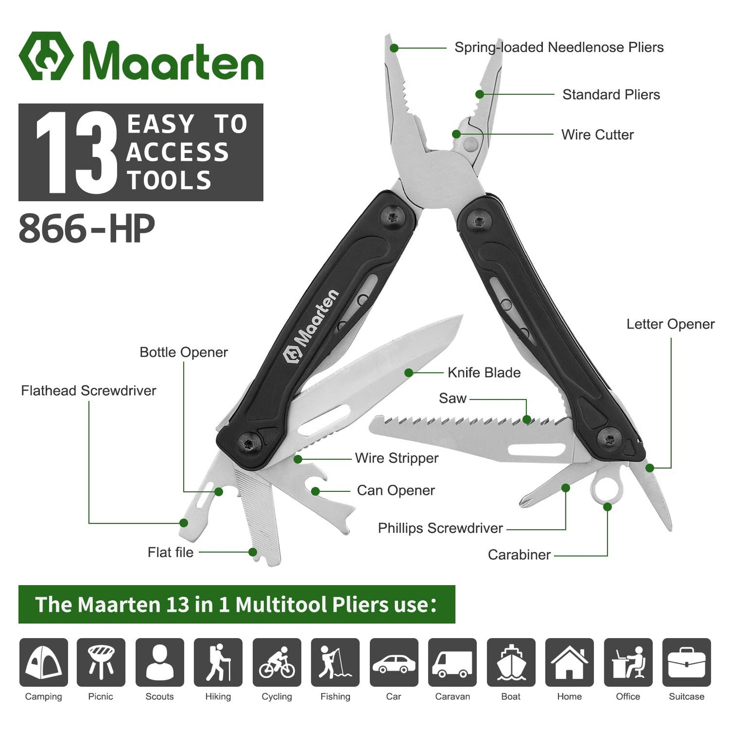 Maarten Multitool Pliers, 13 in 1 Stainless Steel Pocket Multi Tool Pliers with Pocket Clip, Portable Safety Locking Multi-Plier with Folding Saw, Bottle Opener and Durable Nylon Sheath