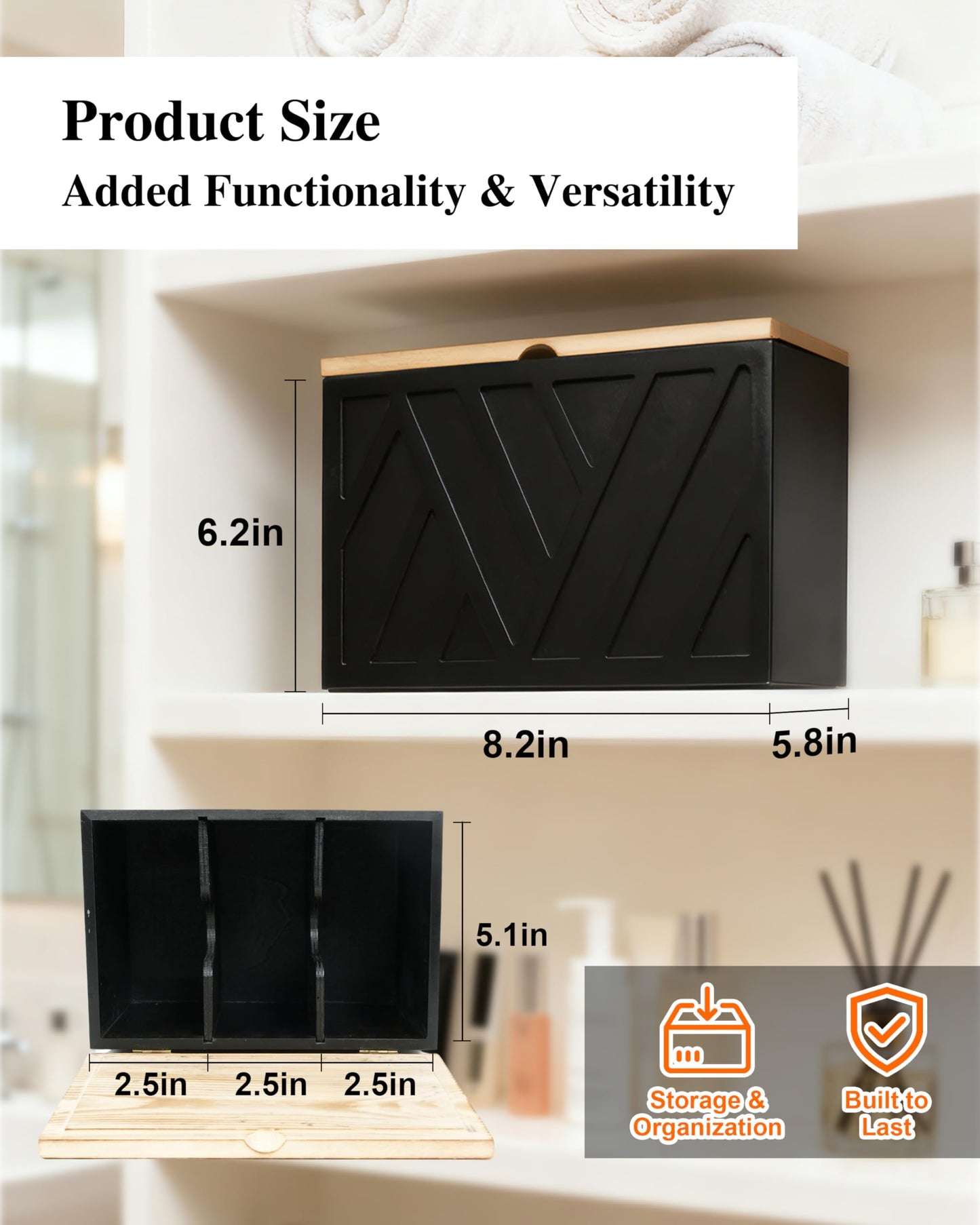 KeepTwenty Tampon Holder for Bathroom Decor Feminine Product Organizer With Lid Shark Week Box Wooden Pad Girl Stuff Box (BLACK, lid) (1, BLACK)