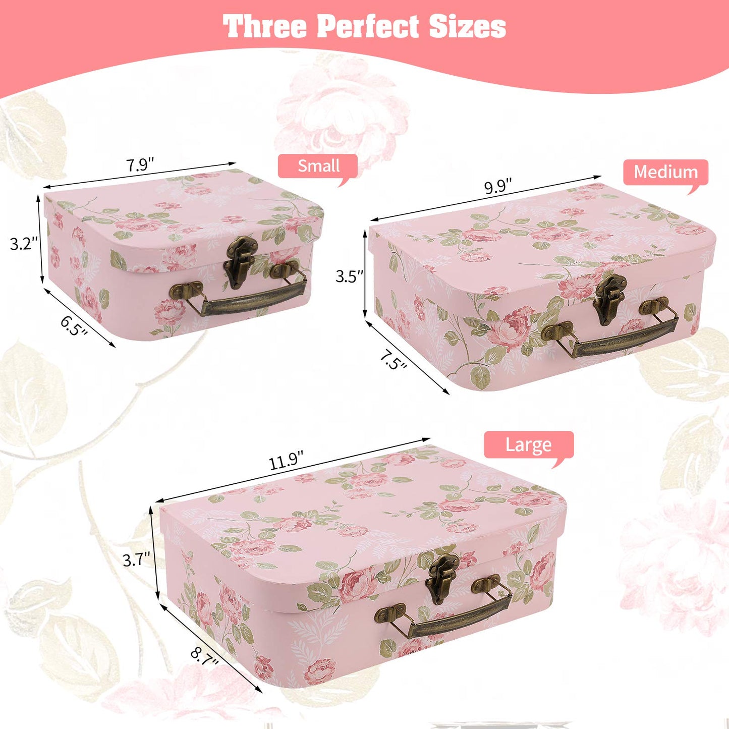 Anndason Set of 3 Paperboard Suitcases Storage Box Storage Gift Boxes With Lids for Photo Storage Home Decoration, Wedding, Birthday, Anniversary and New Year Gift Decoration (3Pcs, Pink Flowers)