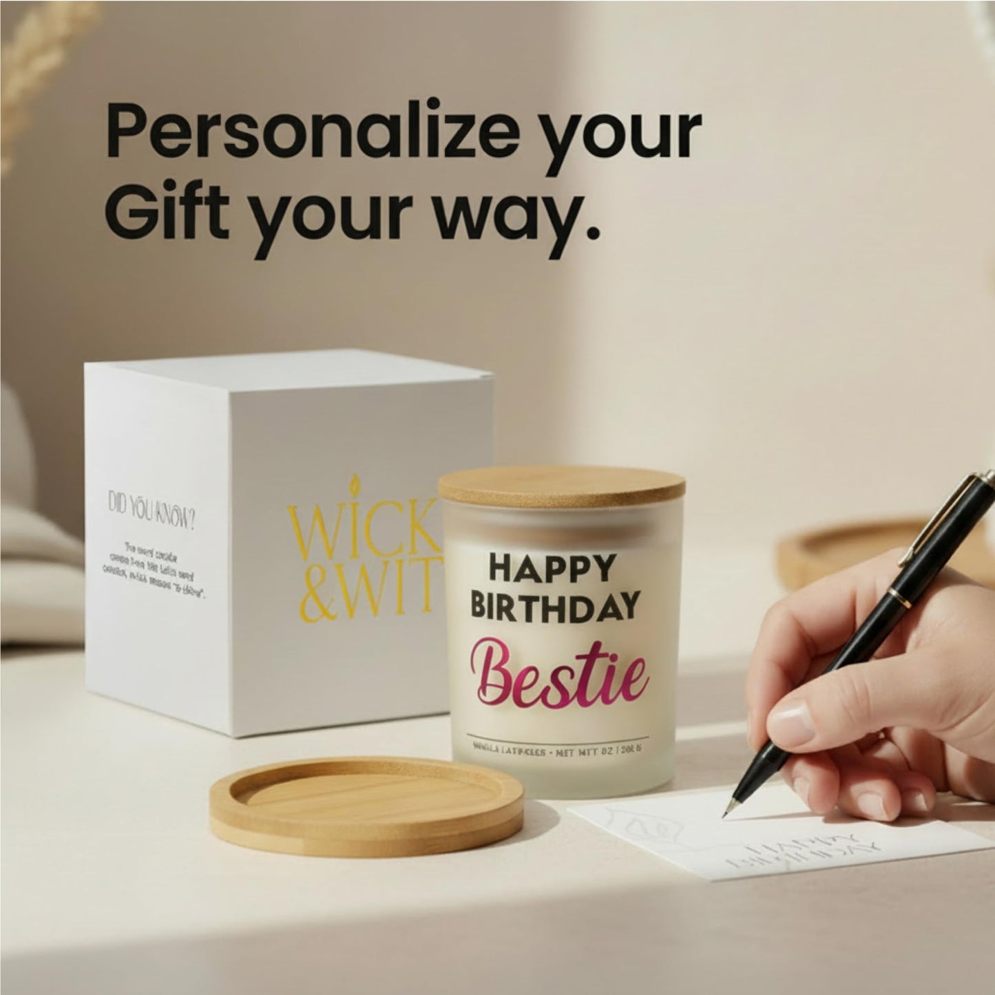 Wick and Wit Bestie Birthday Gifts for Women - Happy Birthday Bestie Gifts for Women Friend Friendship Soy Candle Gift Set for BFF Sister Coworker Vanilla Lavender Candle Ready to Gift Box