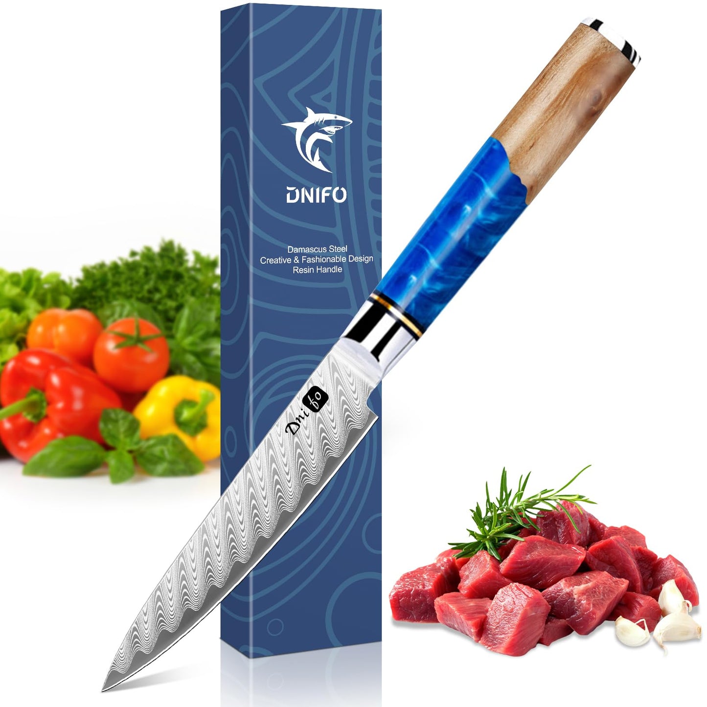 Dnifo Kitchen Utility Knife 5 Inch, Japanese VG10 Steel Damascus Paring knife, Small Kitchen chef Knife with Gift Box and Resin Wood Handle, Ideal Birthday Gift for Men and Women
